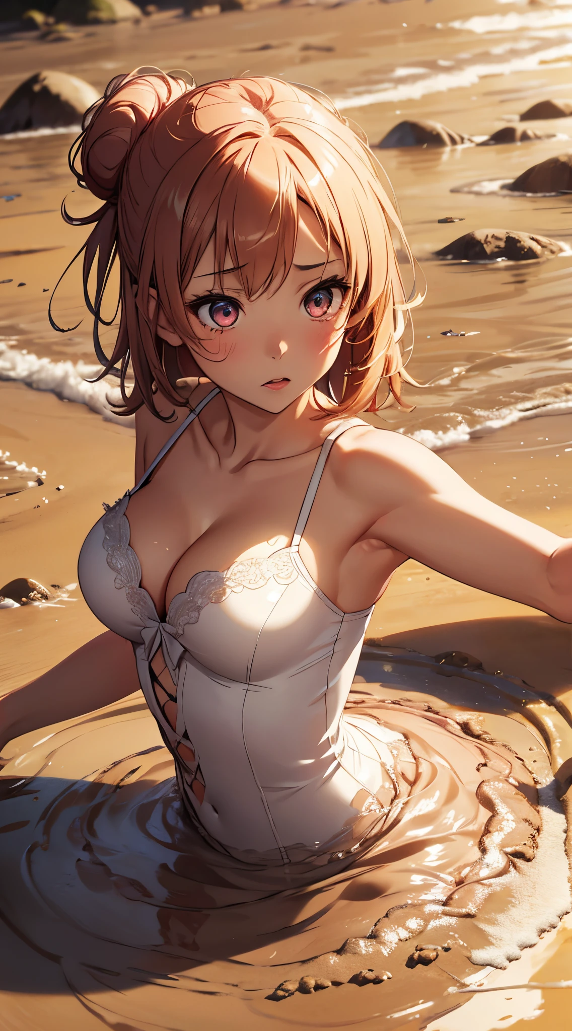 1girl, solo, masterpiece, best quality, high res, highly detailed, (illustration), beatiful detailed eyes, yuigahama yui, single hair bun, glossy lips, light makeup, scared, (ballerina), sleeveless leotard, cleavage, (mostly submerged), (quicksand:1.3), (tears)