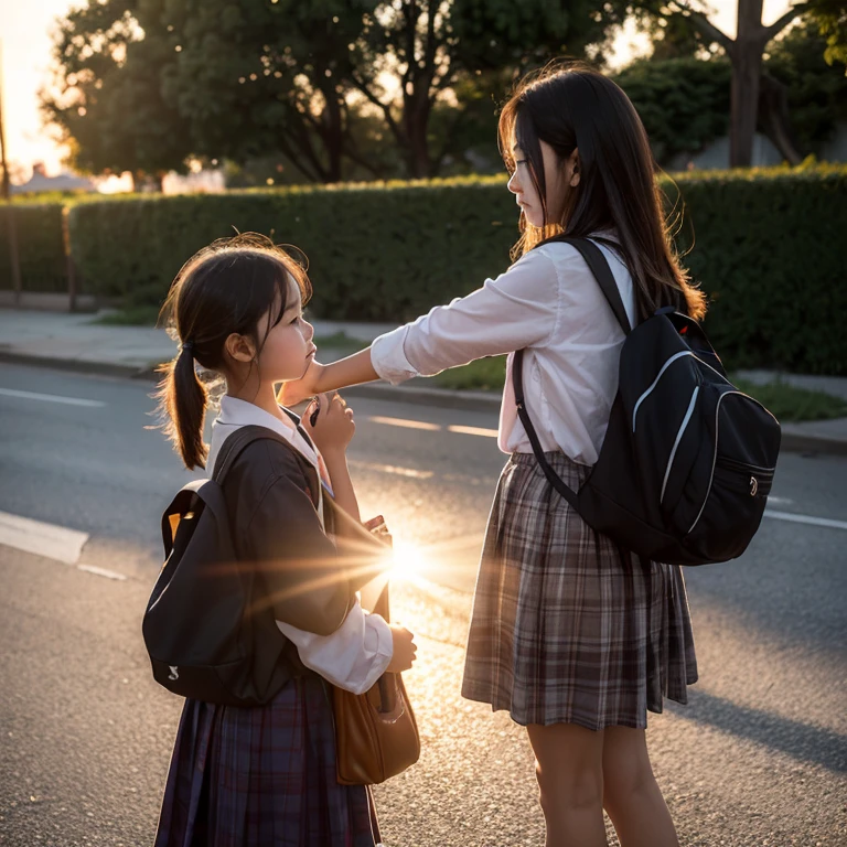 In the setting sun，roadside，Young mother picking up her child from school，She holds her cute little hand，While asking him what happened in school today