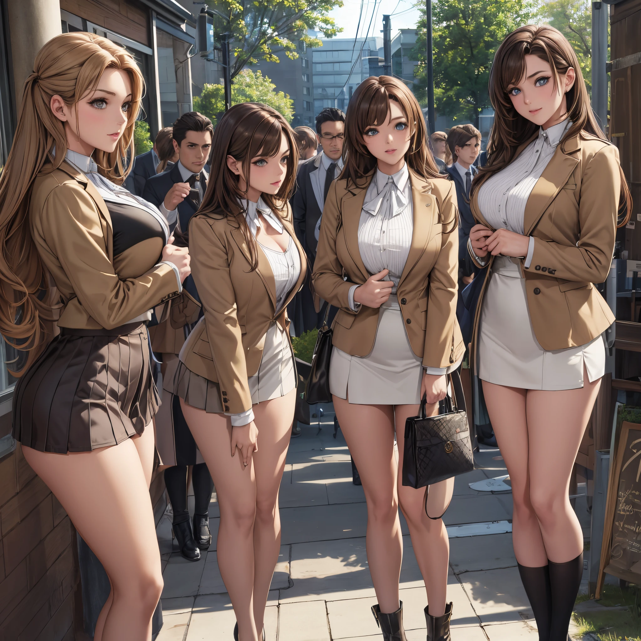 {{,Caucasians}}, looking at viewert, hazel eyes, The is very detailed, medium, brown hair, aerodrome, Stewardeslue blazer, tiese, blue skirtidskirt, pencil skirtlue high heels, cheerfulnesest quality at best, high qulity, extremely detailed anime screencap, {{{crowed, multipel Girls, thousands of sisterillions of sisterillions of sisters, clone, Doppelganger, Match outfitatching hairstyle}}}}, full bodyesbian