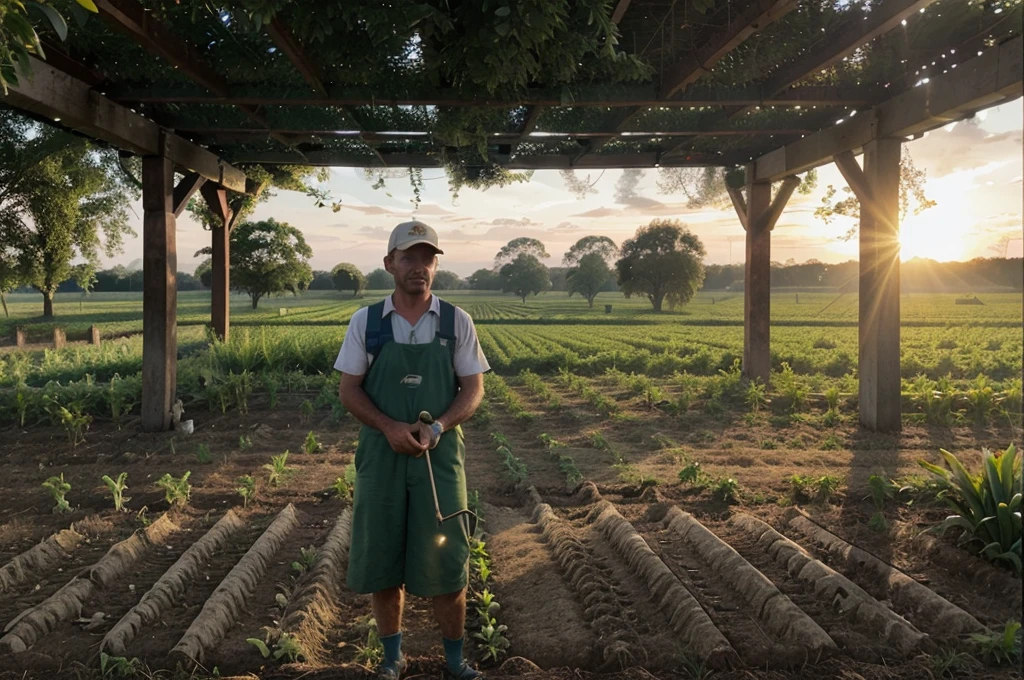 On a serene morning on a rural farm, an experienced farmer is standing in the middle of his vast plantation. The sun gently illuminates the endless rows of healthy crops, and the air is permeated with the fresh fragrance of cultivated land. Dress in practical work clothes, o agricultor, de meia-idade, is skillfully holding a modern irrigation sprinkler.
Your face reflects years of experience and agricultural wisdom, as he closely watches the water flow and precisely adjusts the sprinkler controls. The scenario highlights the synchrony between man and advanced agricultural technology, highlighting the importance of accurate irrigation for healthy plant growth.
A luz suave do amanhecer destaca os detalhes das plantas, highlighting the exuberance of the plantation. The farmer is immersed in the task, showing dedication and knowledge accumulated over the years. The request is for the AI to create a realistic visual representation, destacando a harmonia entre o agricultor, o aspersor e a natureza, capturing the serenity and vitality of a typical morning in the life of a farm worker