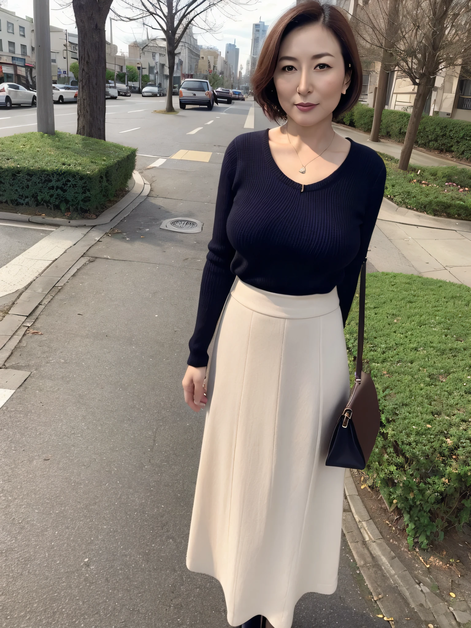 One stylish woman wearing knitwear and skirt,Waiting for me on the sidewalk in front of the park, just one handbag.45 years old. A woman similar to Hitomi Kuroki, Has big breasts of K cup.Bewitching look.Short hair,staring directly at camera