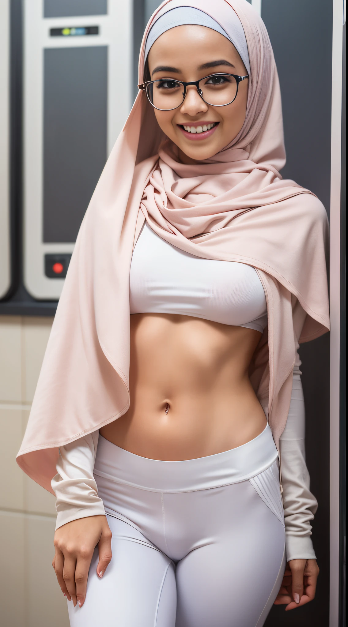 Cute malay girl in white plain hijab wearing high waist sport pants and topless with shy pose in full crowded locker room, wear big round glasses, nerd, big smile, laughing, happy, big front teeth, wearing hijab, breast exposed, very small dark tits, very small breast, flat chest, wide waist, thick thighs, bright lighting, big round ass, cute face, slim abs, 35mm lens, Extreme close-up, pastel color grading, depth of field cinematography effect, romantic film genre, 8k resolution, high quality, ultra detail,