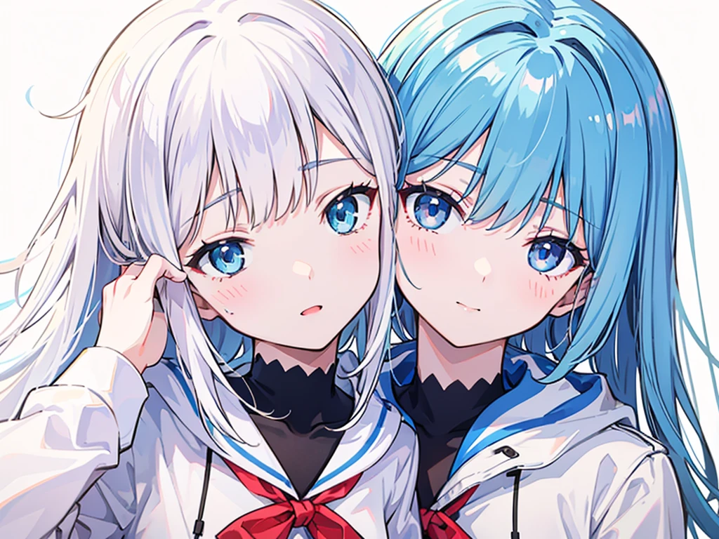 1girll,Height 166cm,high school senior,Poor milk,long white hair,blue color eyes,(Carefully portray the face),adolable,White trench coat,(Carefully portray clothes),8k wallpaper,tmasterpiece,eye closeds,enjoying,touching heads