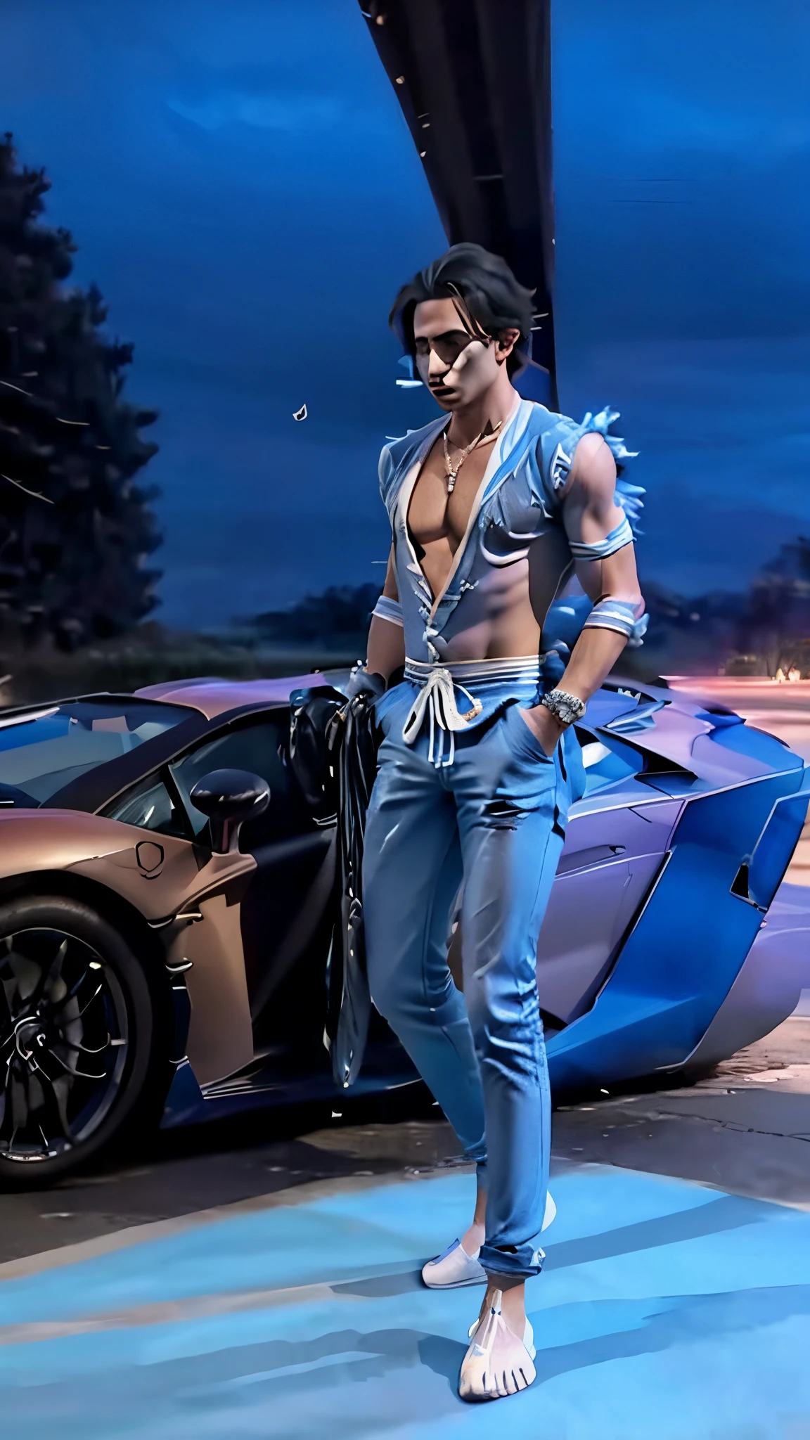 Riding in a Lamborghini Aventador, dressed in blue, blue pants, blue and white hair, not wearing shoes, aka tight, he's rich and elite, cee