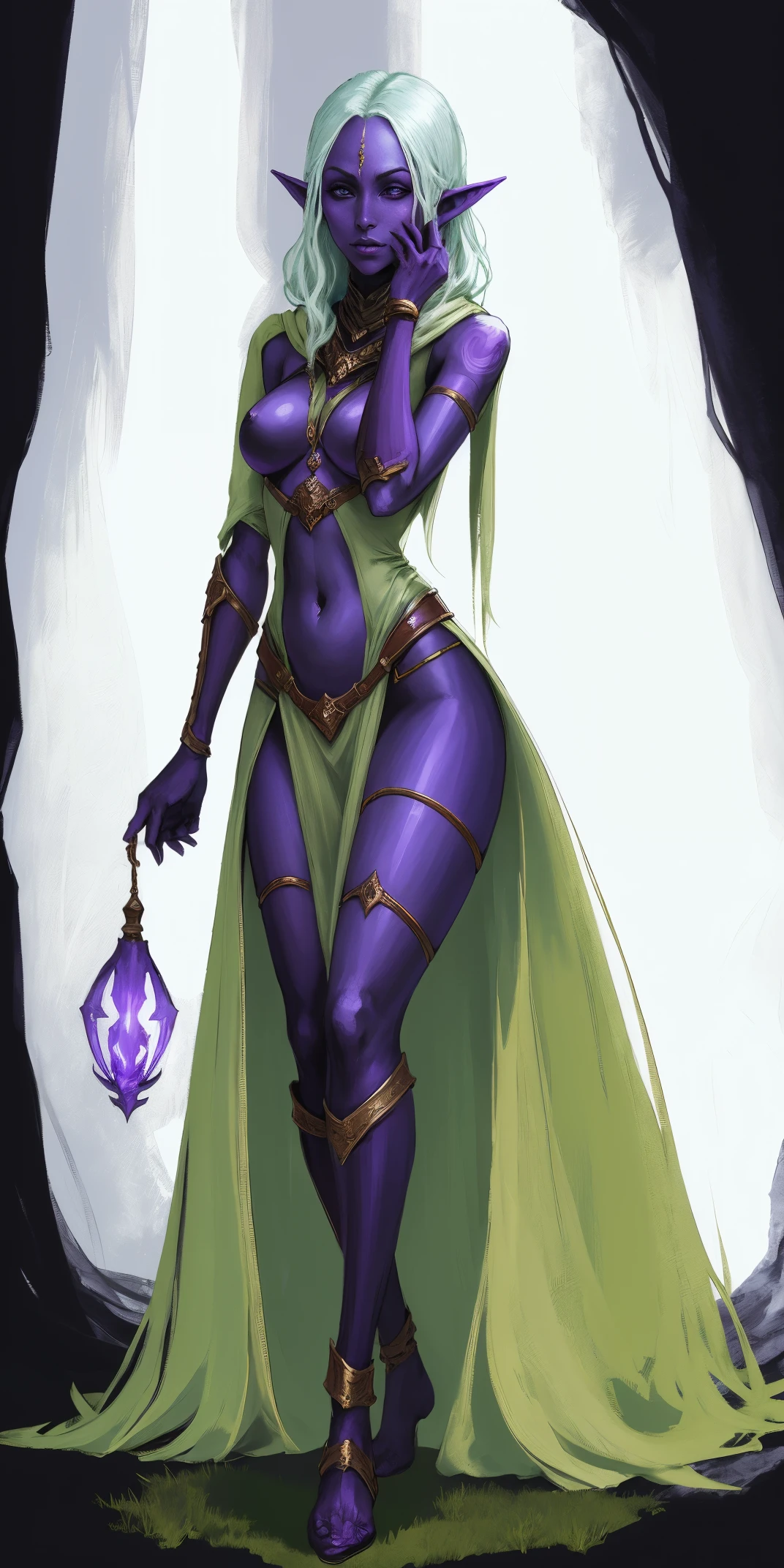 Masterpiece, standing straight symmetrical, full body female drow elf slave wearing an adventurer outfit, black blindfolded, (very purple skin)