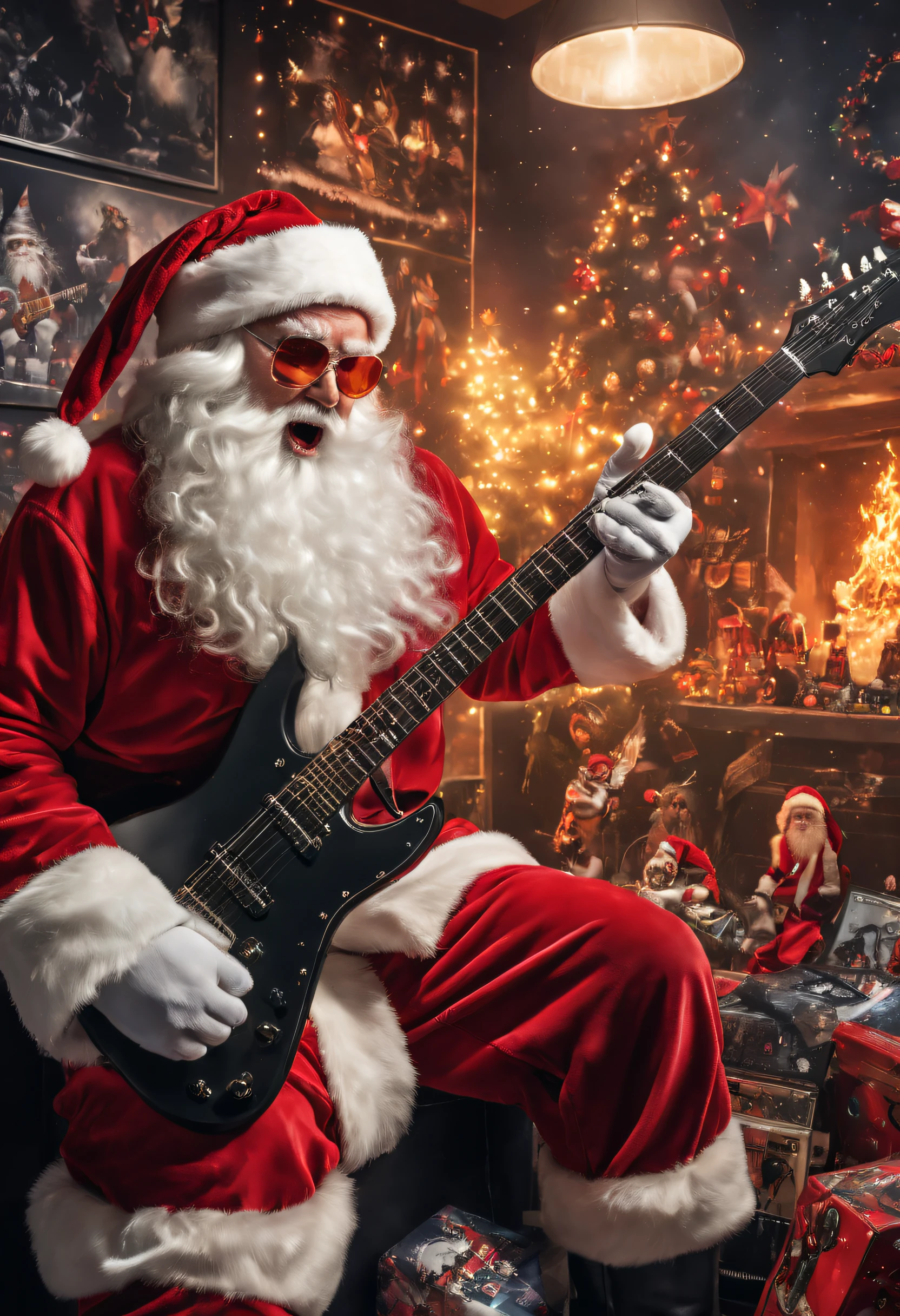 Santa Claus having fun to heavy metal music in a room filled with posters of various heavy metal artists. Create an energetic atmosphere with vibrant posters decorating your walls.., dim lights, Santa immersed in the joy of headbanging. Capture the festive spirit as Santa enjoys powerful music, Creates a unique fusion of holiday spirit and heavy metal passion..