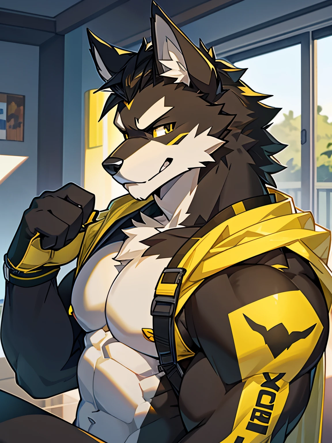 (1boy), solo, male anthro, kemono, white and black fur, ((yellow fur accents)), (white torso), muscle, hunk, sexy, handsome boy, detailed eyes, white eyebrow, black boxer, (masterpiece, soft skin, warm air, wolf ears, black eyes, ray tracing, 4k, anatomically correct, highres, looking at camera.