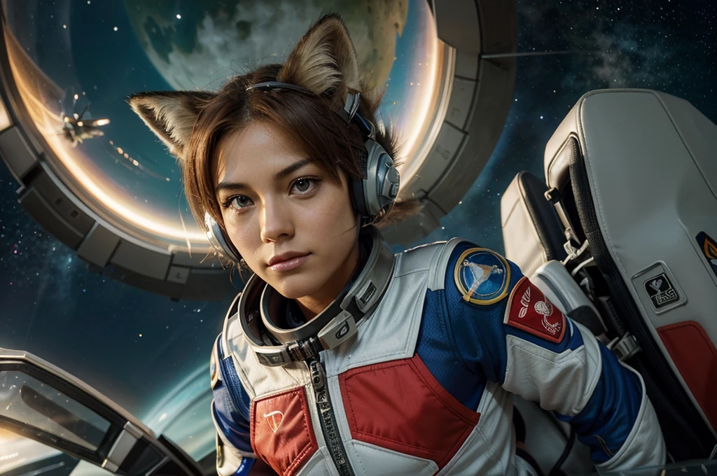 Immortalize the adventurous essence of Fox McCloud, o corajoso piloto do universo Star Fox da Nintendo, em um estilo anime cativante. View Fox in a dynamic pose, with her expressive eyes reflecting determination and courage. His futuristic spacesuit and iconic red bandana add a distinctly anime touch to his figure..