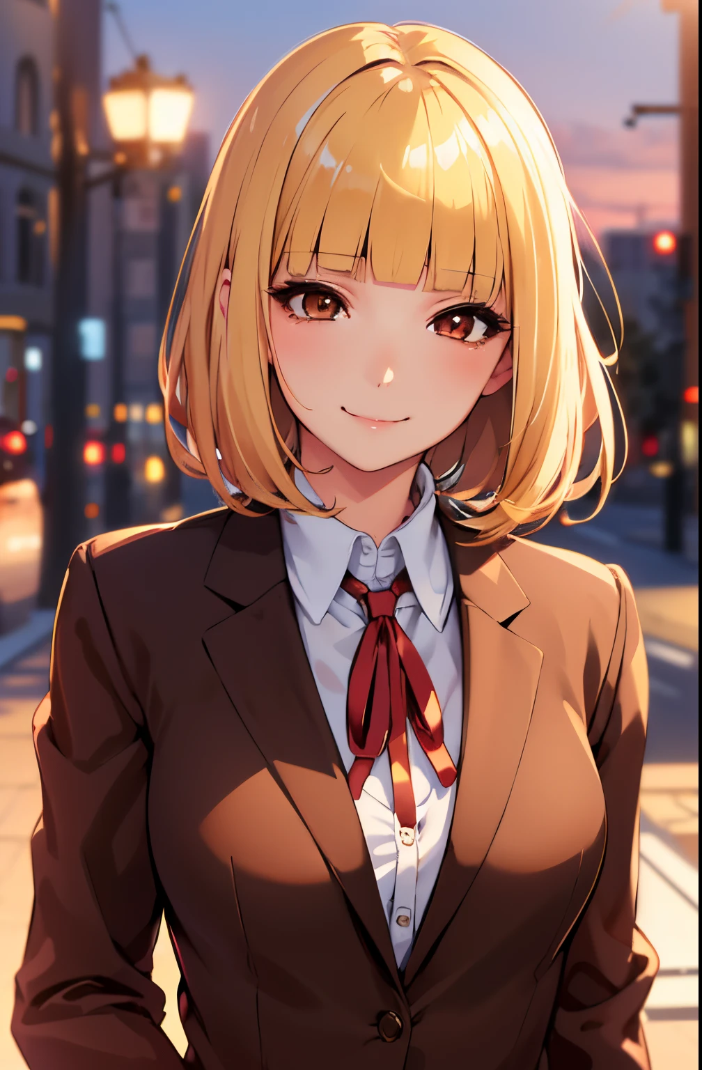 (masterpiece,best quality, detailed), 1girl, solo, outdoors, evening, upper body, smile, closed mouth, squinting, eyelashes,
midorikawa hana, brown jacket, neck ribbon, collared shirt, school uniform