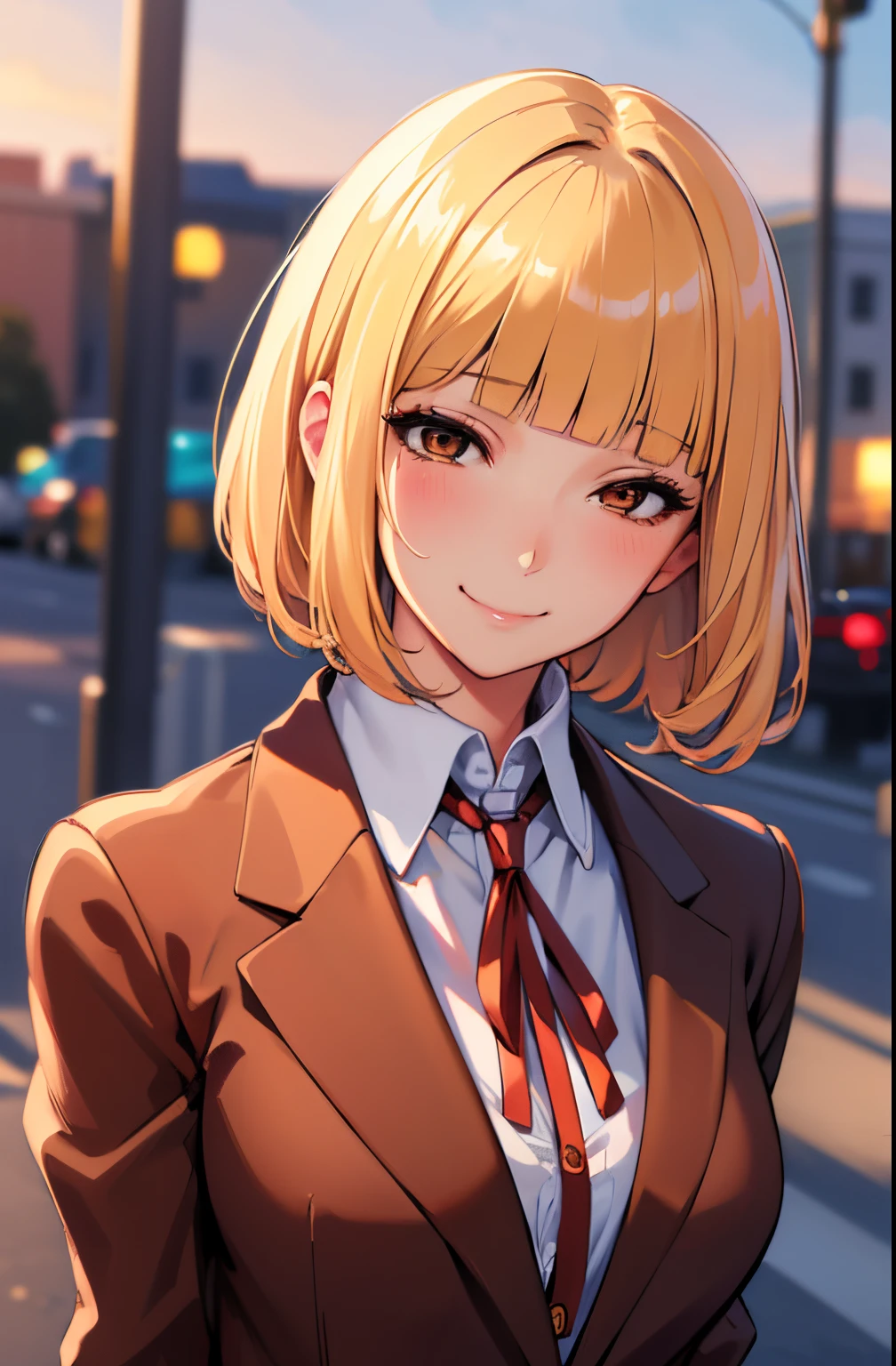 (masterpiece,best quality, detailed), 1girl, solo, outdoors, evening, upper body, smile, closed mouth, squinting, eyelashes,
midorikawa hana, brown jacket, neck ribbon, collared shirt, school uniform