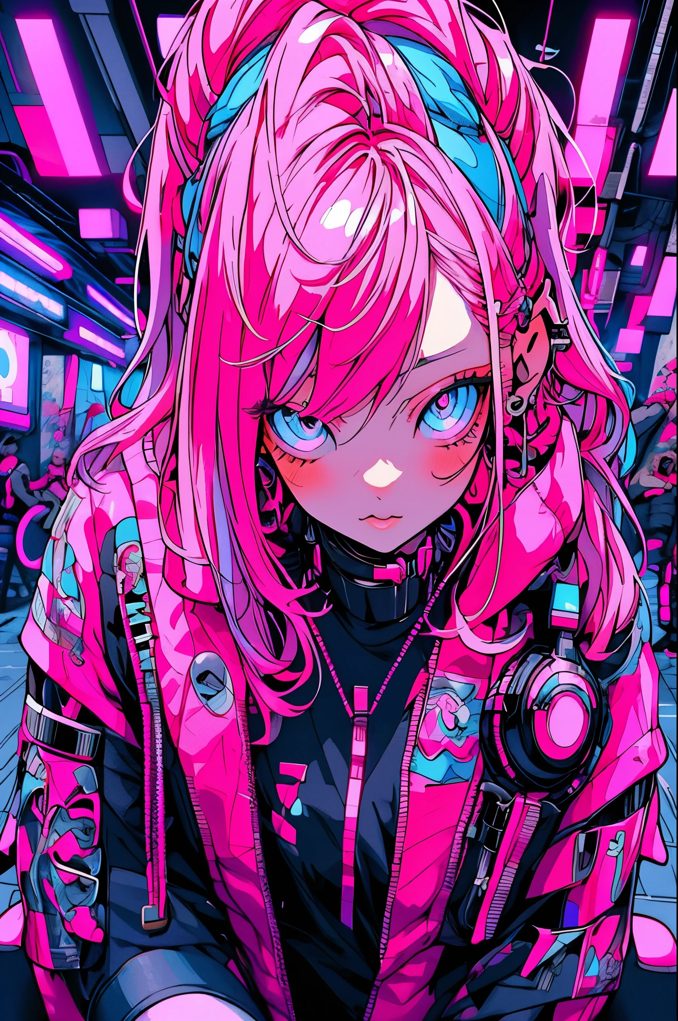 anime girl with pink hair sitting on a chair in a neon city, cyberpunk anime girl in hoodie, cyberpunk anime girl, anime style 4 k, anime cyberpunk art, best anime 4k konachan wallpaper, digital cyberpunk anime art, female cyberpunk anime girl, digital cyberpunk - anime art, cyberpunk anime art, anime cyberpunk, cyberpunk streetwear, cyberpunk art style