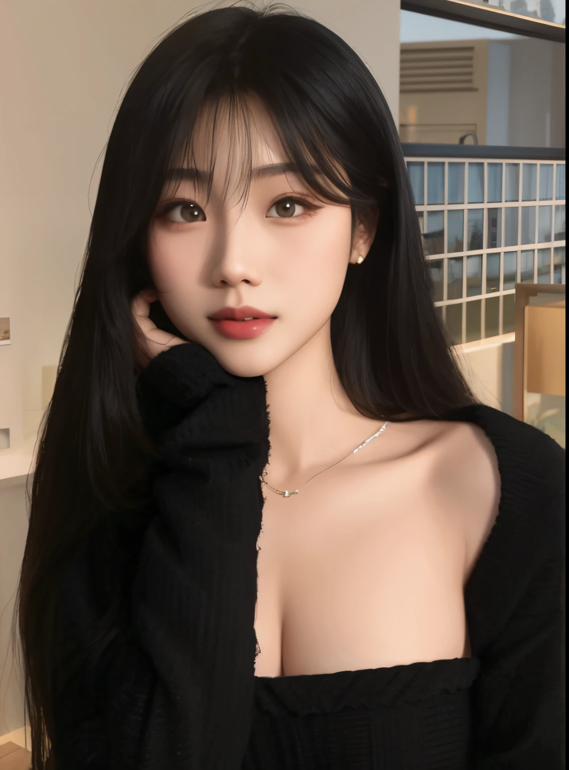 A closeup of a woman with long hair wearing a black sweater, linda mulher coreana jovem, ****** coreana, Mulher sul-coreana bonita, mulher coreana jovem bonita, Ulzzang, Jaeyeon Nam, Ela tem cabelo preto com franja, Jinyoung Canela, Lalisa Manobal, Beautiful Asian girl, Mulher coreana, Asian girl with long hair, Heonhwa Choe