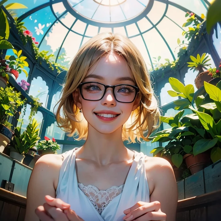 ( Masterpiece, best quality , shot from below , 75mm lens, fisheye:1.2 ), ((pov from below:1.4)), (( beautiful, luxurious, greenhouse dome:1.5, glass panels, plants of colours, vibrant , extreme high detailed, intricate details )). ( 1woman_/(kimtaeyeon/), narrow face, strong jaw, [plump cheeks], transparent glasses, dark hair with blonde highlights, loving smile, beautiful eyes, caring smile, wearing beach summer ootd ), ( cinematic lighting, backlit, soft light)