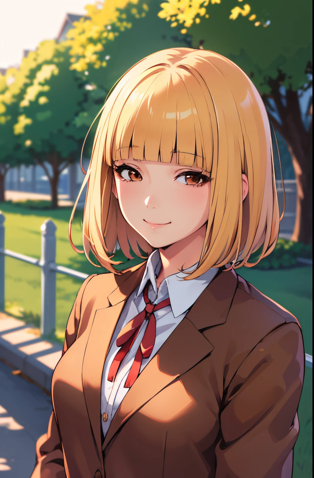 (masterpiece,best quality, detailed), 1girl, solo, outdoors, evening, upper body, smile, closed mouth, squinting, eyelashes,
midorikawa hana, brown jacket, neck ribbon, collared shirt, school uniform