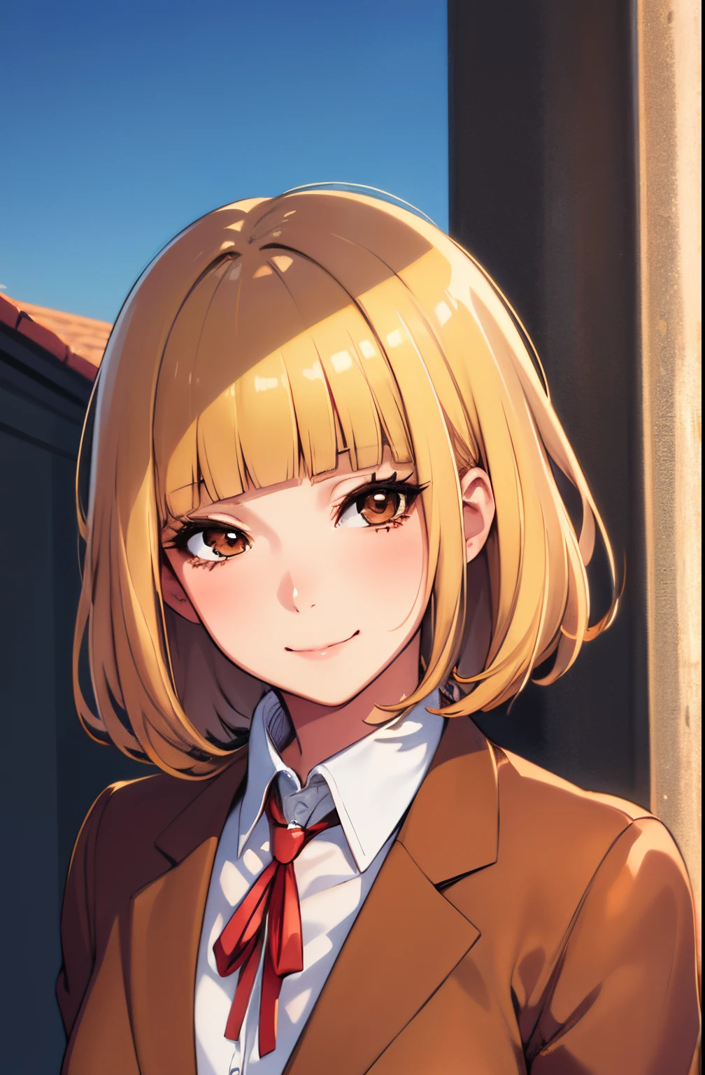 (masterpiece,best quality, detailed), 1girl, solo, outdoors, evening, upper body, smile, closed mouth, squinting, eyelashes,
midorikawa hana, brown jacket, neck ribbon, collared shirt, school uniform