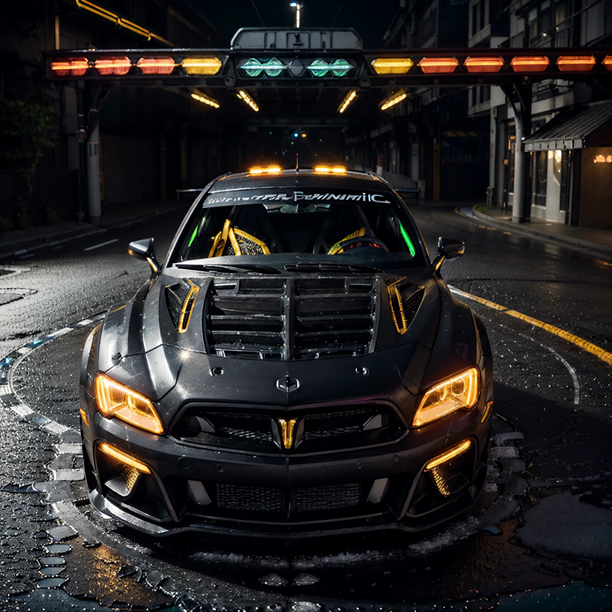 (hyper-detailed masterpiece:1.5), (beautifully intricate:1.5), (best quality:1.5), (aesthetic + beautiful + harmonic:1.5), hyper-detailed body, an( hyper-detailed scenery:1.5), (sharpen details:1.2)(masterpiece), (((An batmobile inspired ultra-realistic angelic neon metallic black silver and gold race car designed on a icy surface road ))), best quality, ultra-detailed, 8K), race car, street racing-inspired, Drifting, LED, ((Twin headlights)), (((Bright neon color racing stripes))), (Black racing wheels), Wheel spin showing motion, Show car in motion, Burnout, wide body kit, modified car, racing livery