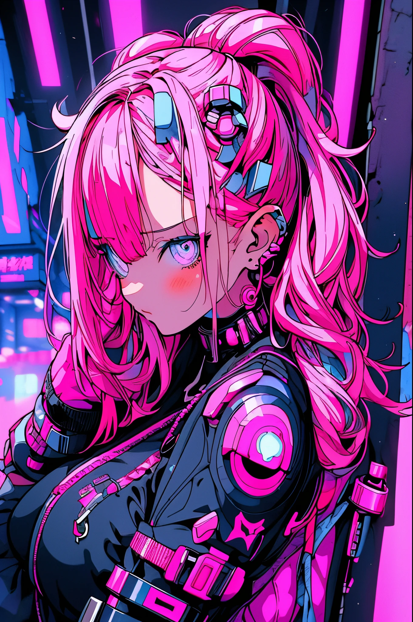 anime girl with pink hair sitting on a chair in a neon city, cyberpunk anime girl in hoodie, cyberpunk anime girl, anime style 4 k, anime cyberpunk art, best anime 4k konachan wallpaper, digital cyberpunk anime art, female cyberpunk anime girl, digital cyberpunk - anime art, cyberpunk anime art, anime cyberpunk, cyberpunk streetwear, cyberpunk art style