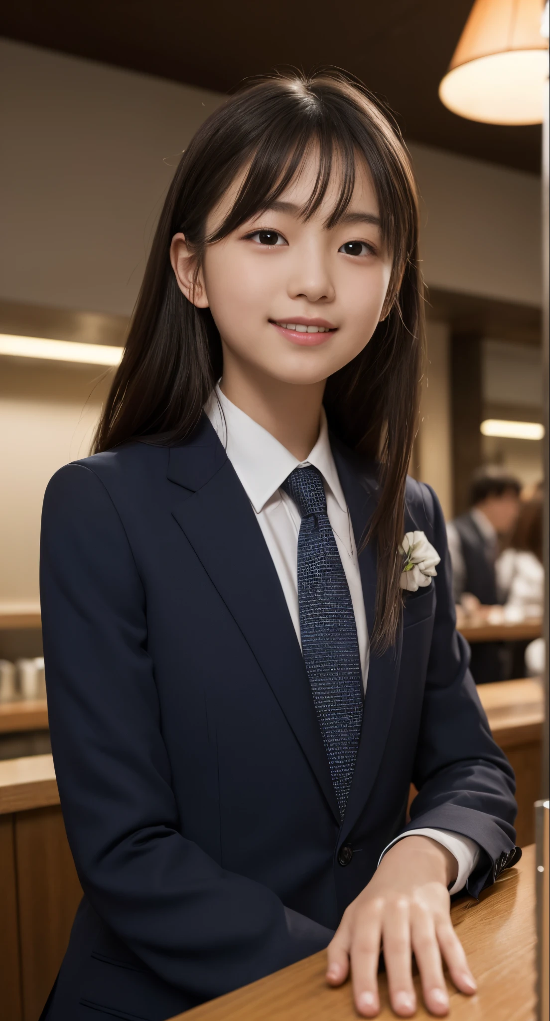 (top-quality、masterpiece:1.2)、Best Quality、realisitic、photoshot、hight resolution、1080p、8K、Textured skin、Physical Rendering、1 Japan Girls、a junior high school student、kawaii、Young Face、Rolled hair、(Suits:1.5)、Sit at the bar counter、full of shyness、smil、Big