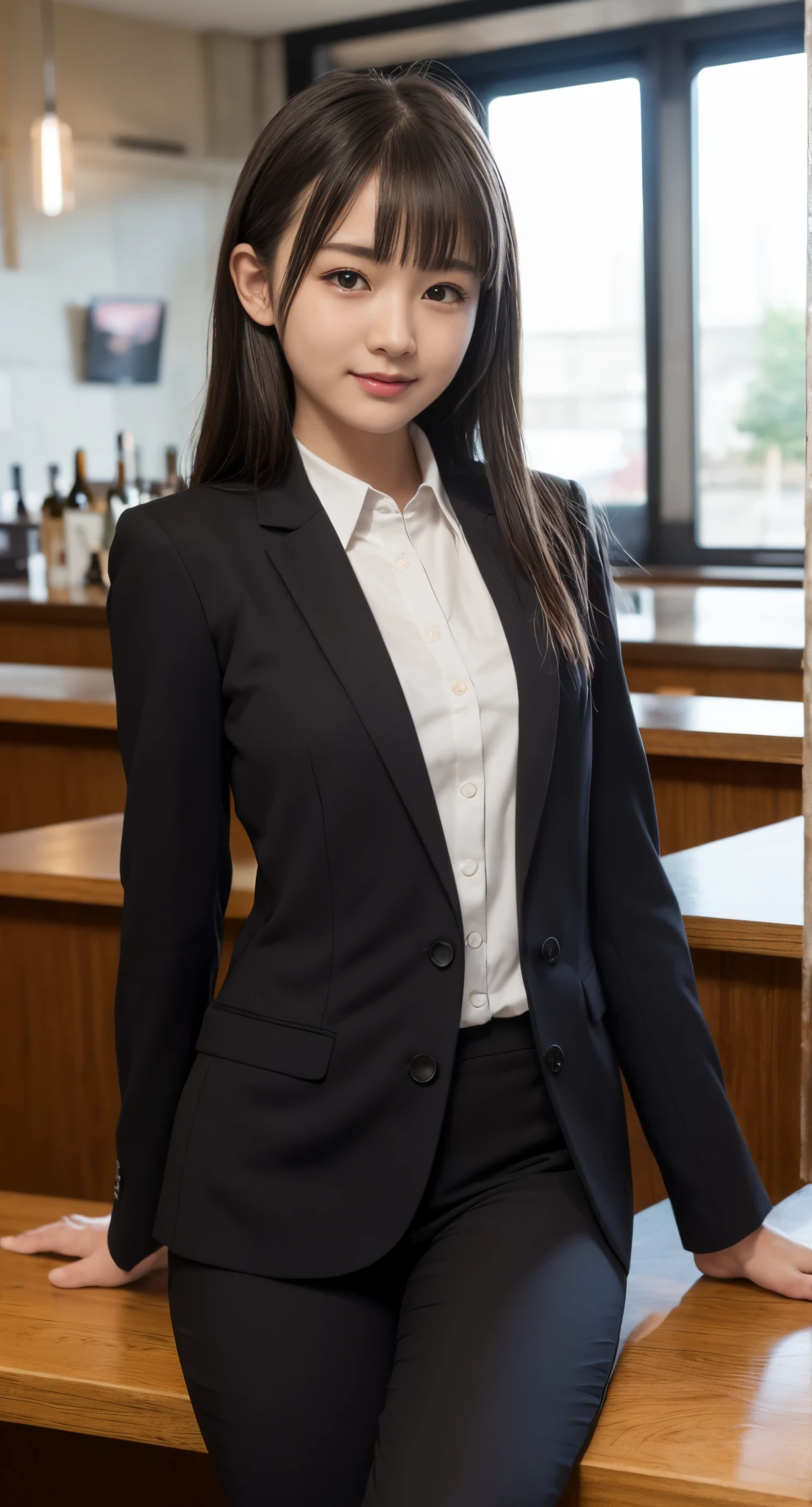(top-quality、masterpiece:1.2)、Best Quality、realisitic、photoshot、hight resolution、1080p、8K、Textured skin、Physical Rendering、1 Japan Girls、hi-school girl、kawaii、Young Face、Rolled hair、(Recruit Suit:1.5)、Sit at the bar counter、full of shyness、smil、Big