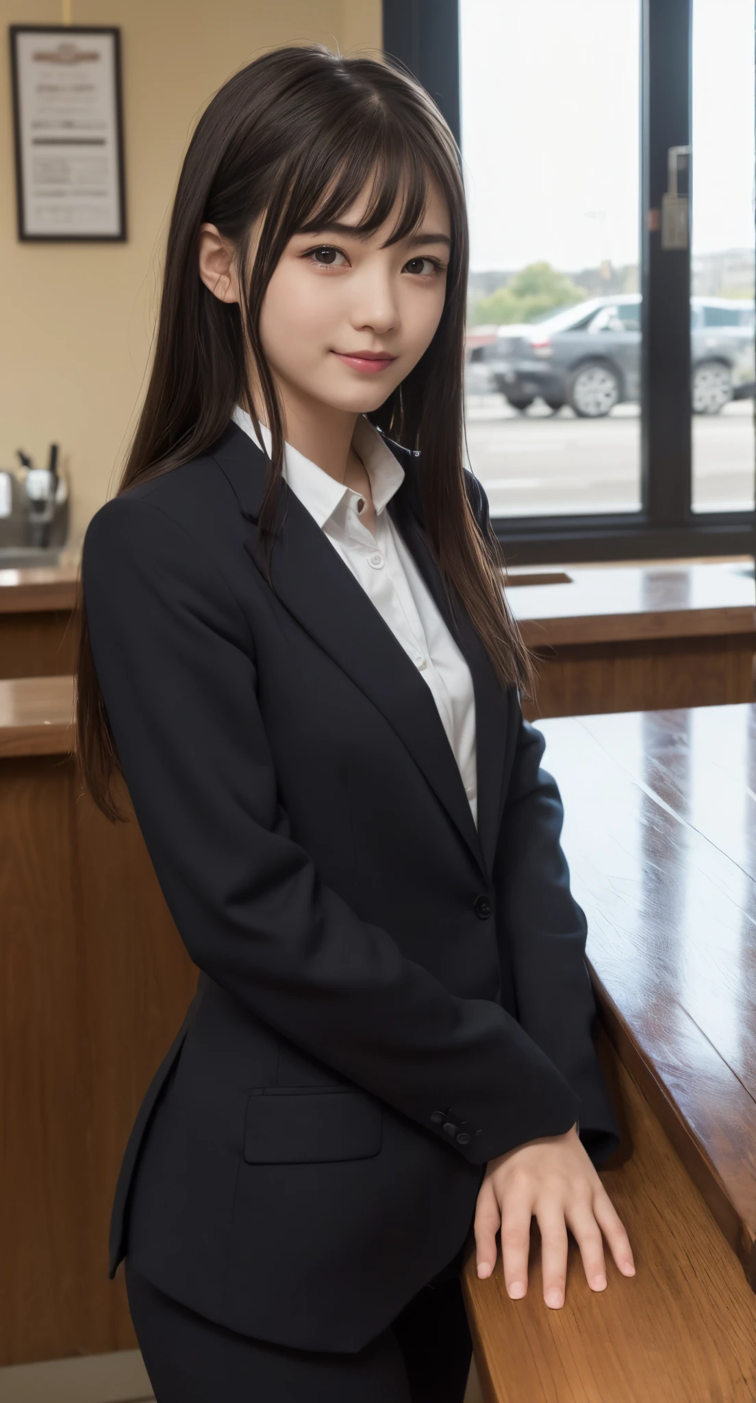 (top-quality、​masterpiece:1.2)、Best Quality、realisitic、photoshot、hight resolution、1080p、8K、Textured skin、Physical Rendering、1 Japan Girls、hi-school girl、kawaii、Young Face、Rolled hair、(Recruit Suit:1.5)、Sit at the bar counter、full of shyness、smil、Big