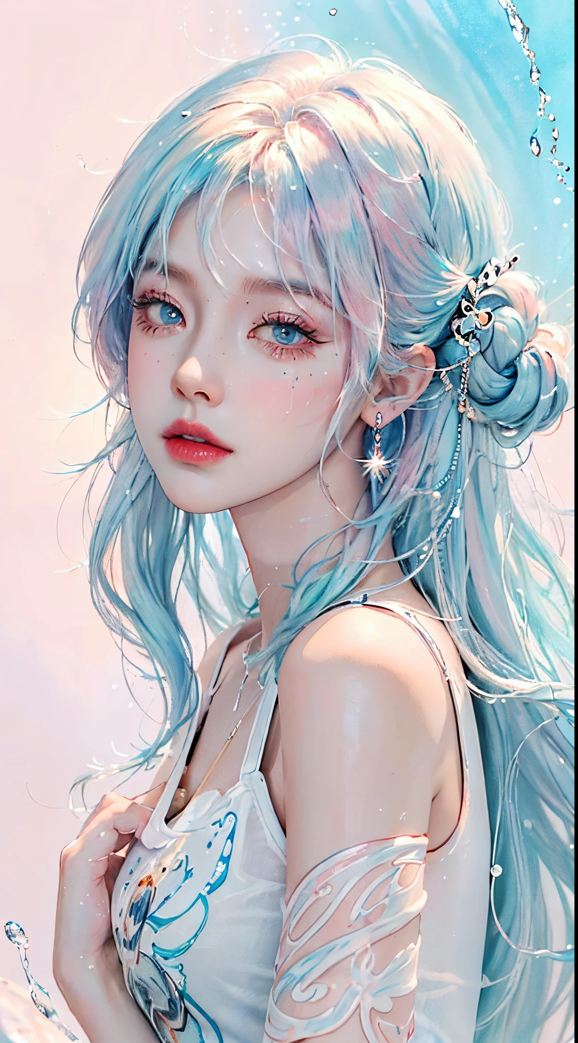 (Cowboy shot),(Masterpiece, Best Quality, High Resolution), White Background, Acrylic Paint, ((Color Splash, Splash of Ink, Color Splash)), Sweet Chinese Girl, Long Light Blue Hair, [Light Blue|Pink] Hair, Curly Hair, Glitter, Peach Lips, White Shirt, Front, Upper Body
