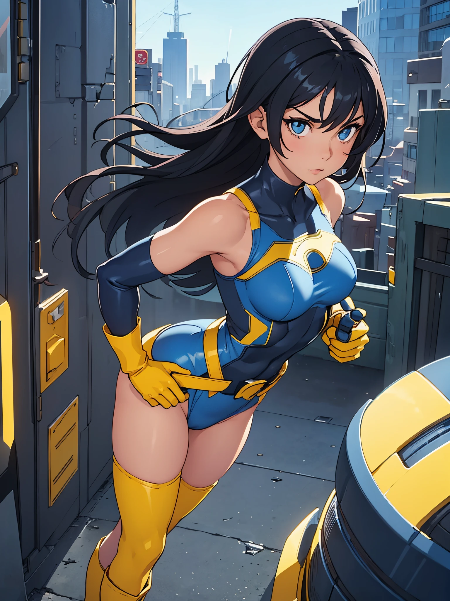 1girl, medium breasts, leotard, blue and yellow leotard, bare legs, gloves, boots, belt, superhero, standing, hand on hip, city backdrop, beautiful detailed eyes, beautifully detailed face, (perfect hands, perfect anatomy), diffraction spikes, black hair, mature woman