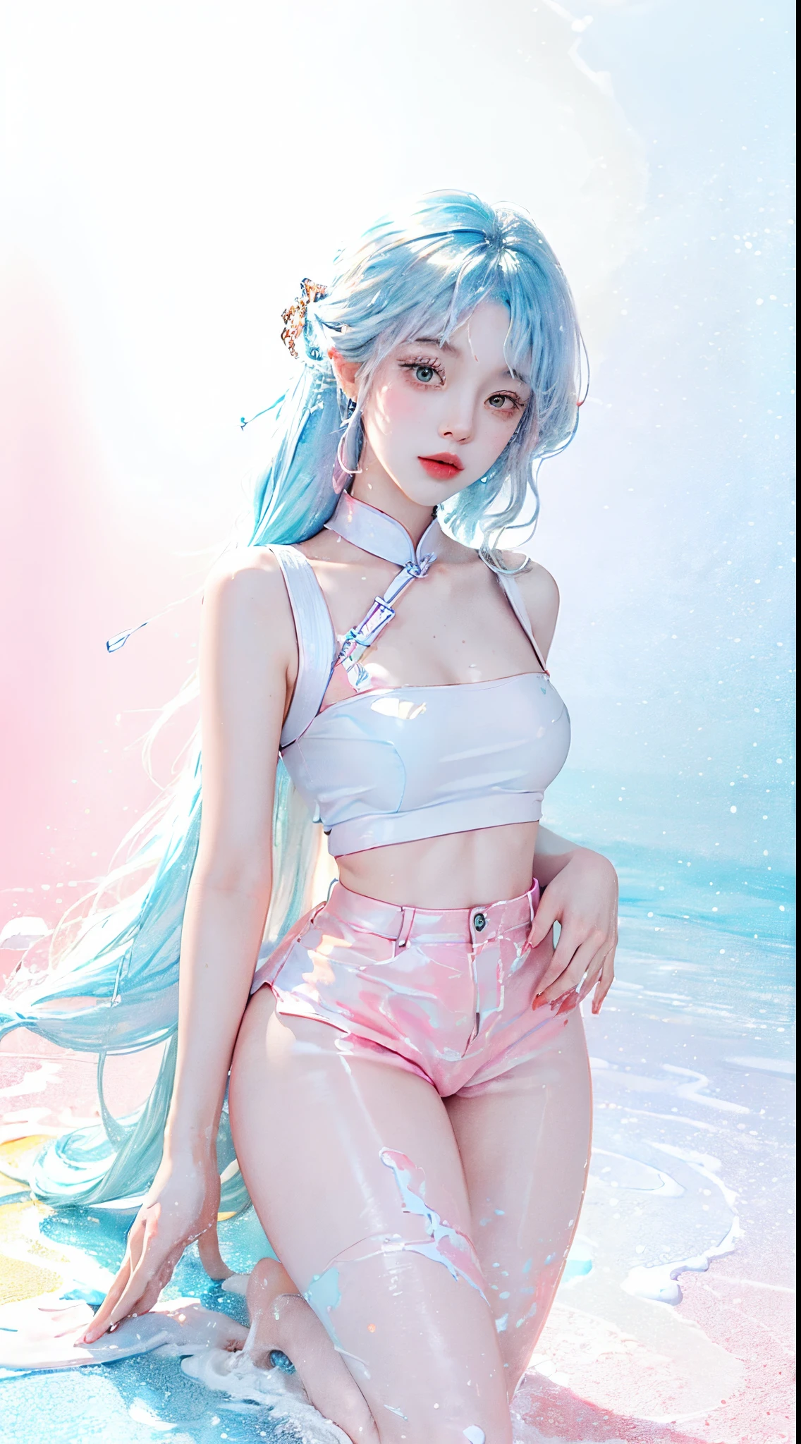 Light blue and pink color scheme，Sexy Girl ，tiny body，Petite，white curly hair,　Camisole in colorful colors
