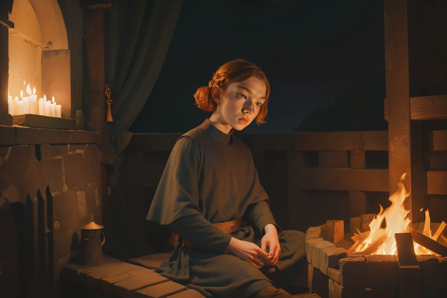 1136, Kingsbridge, England. otherworldly scene in a medieval monastery roof, ((((12-year-old)) Cameron Monaghan)), exploring, sneaking around, vigilant expression, making a bonfire, inmense fire, nighttime, ((((poor plain tunic from the 12th century)))), ((Hairstyle of the 12th century)), ((Wes Anderson cinematic style)), colorful
