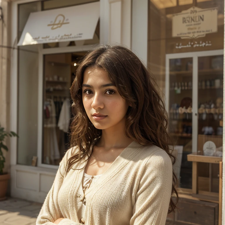 Photorealistic Image Prompt: "High-resolution image of a cute Iranian girl with curly brown hair, soft expression, with the environment of a small boutique and a display window. Art style: soft focus, golden ratio, natural light.