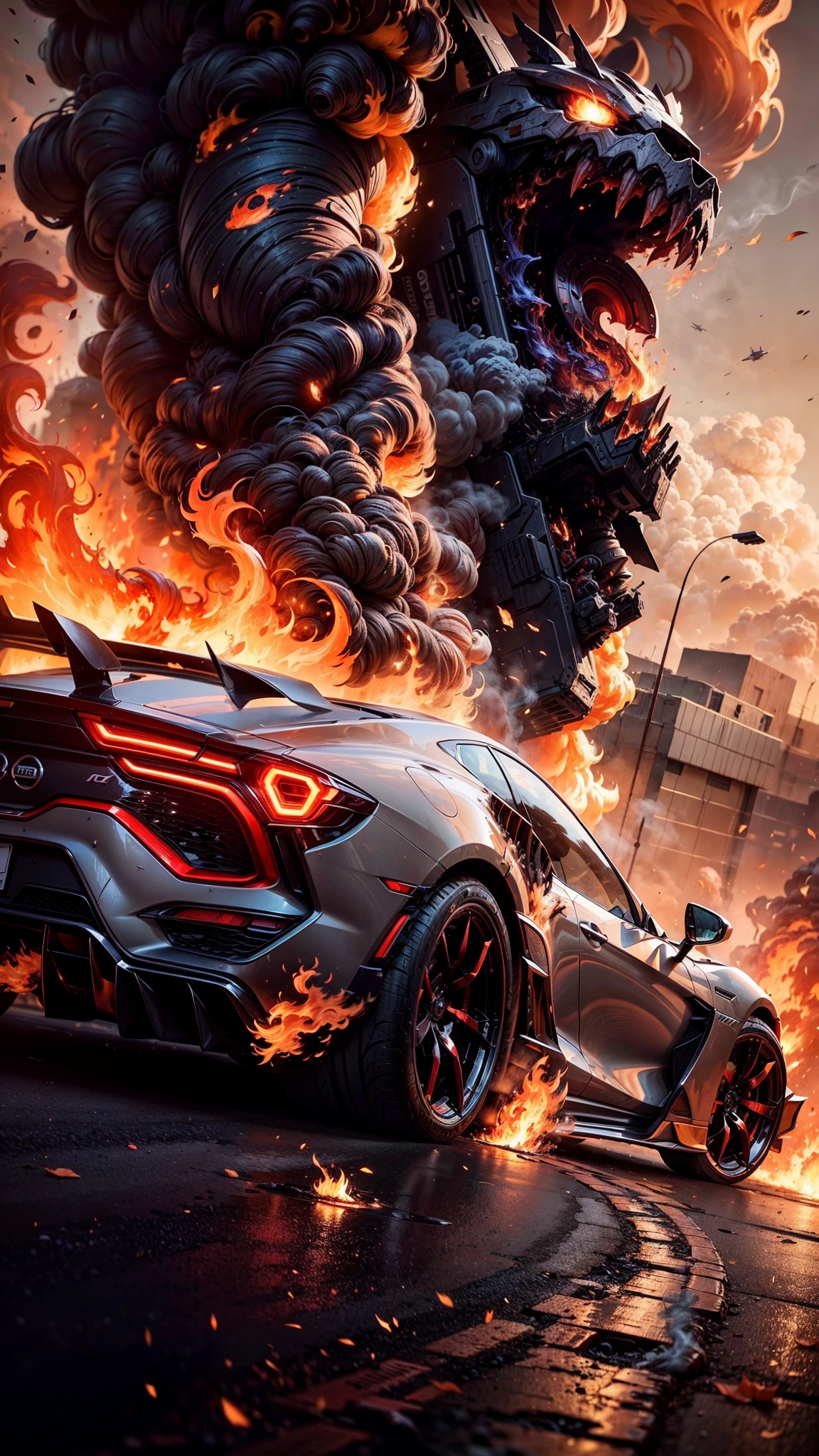 a car with flames and smoke coming out of it on a road, 8 k highly detailed ❤🔥 🔥 💀 🤖 🚀, 8 k high detail concept art, hq 4k phone wallpaper, hd phone wallpaper, 8k stunning artwork, mobile wallpaper, wallpaper mobile, phone wallpaper hd, 8k hd concept art, 8 k concept art, 8k concept art