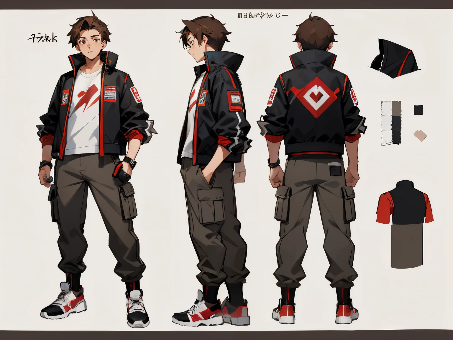 character design sheet, young male , brown hair, black/red sleeveless jacket with white t-shirt under the jacket, grey cargo pants, white sneakers, standing, white background, anime style, modern clothes