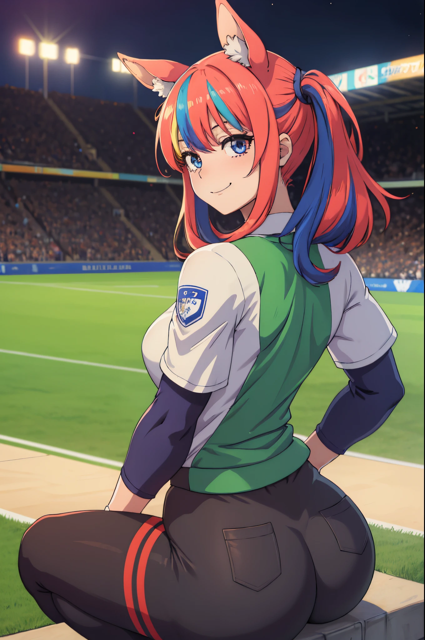 (Best Quality), (masterpiece), (High resolution), (Anime Heroine Illustration),,solo,girl with horse ears,smiling,back turned to the viewer,big muscle butt,Slacks,sporty clothing,soccer field,diamond,multicolored hair,multicolored eyes,muscular female,mature female