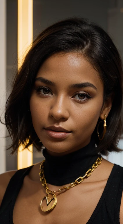 une femme noire et brune de 20 ans, Here's a three-nature visa, Fine lips, Yeux fins, sourcils fins, nez mince, boucles d oreilles, Cils longs. with the cheveux bleus tressés, avec un tout blanc/Black costume with gold chains, Realistic Photography, style d'image de stock, Contexte de Neon City Photo d'