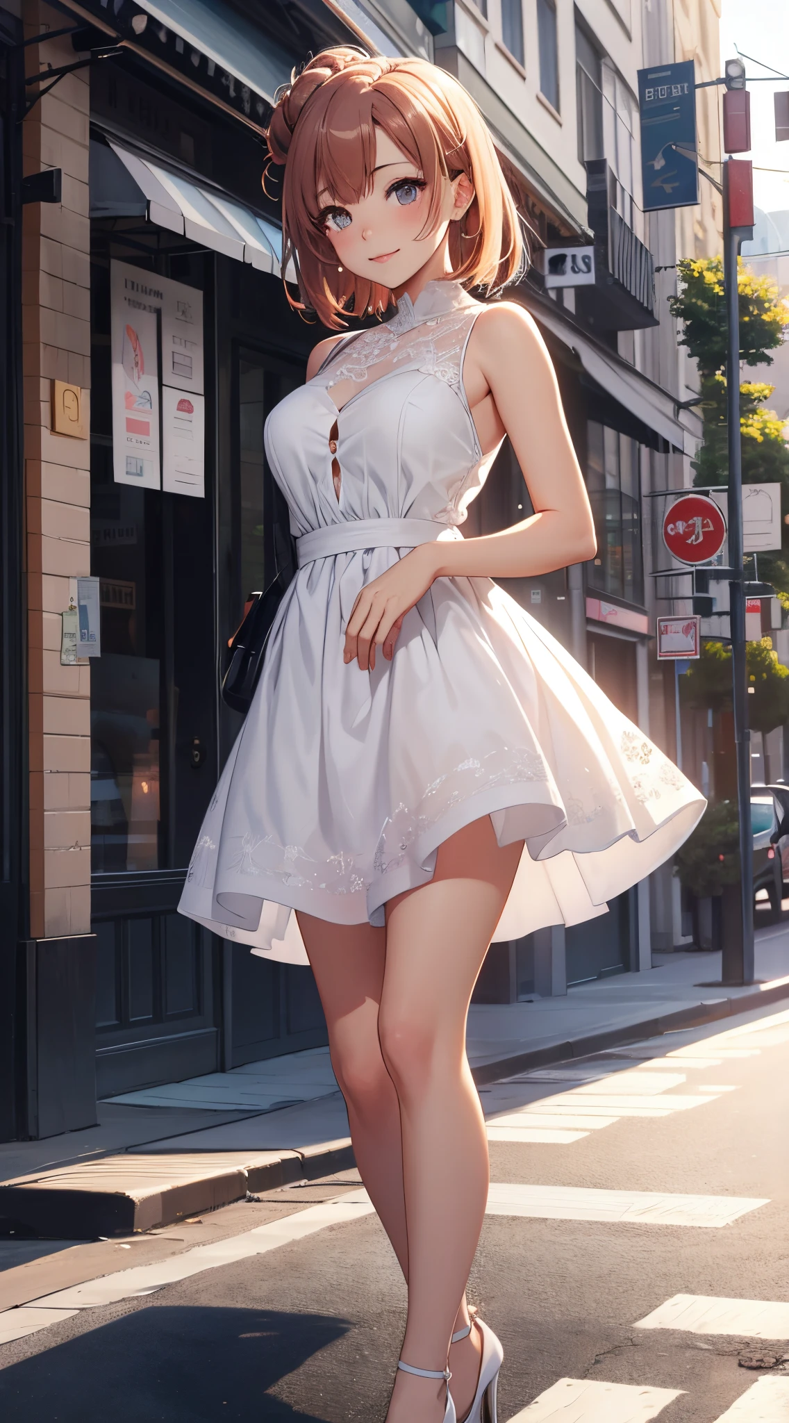 Elegant woman walking on sidewalk in dress, solo, bandeau dress, romantic dress, print, windblown dress, fashion dress, thin waist, light half-open dress, soft silk fabric, thin, camel toe, exposed figure, elegant, flowy, summer, no shoulder straps