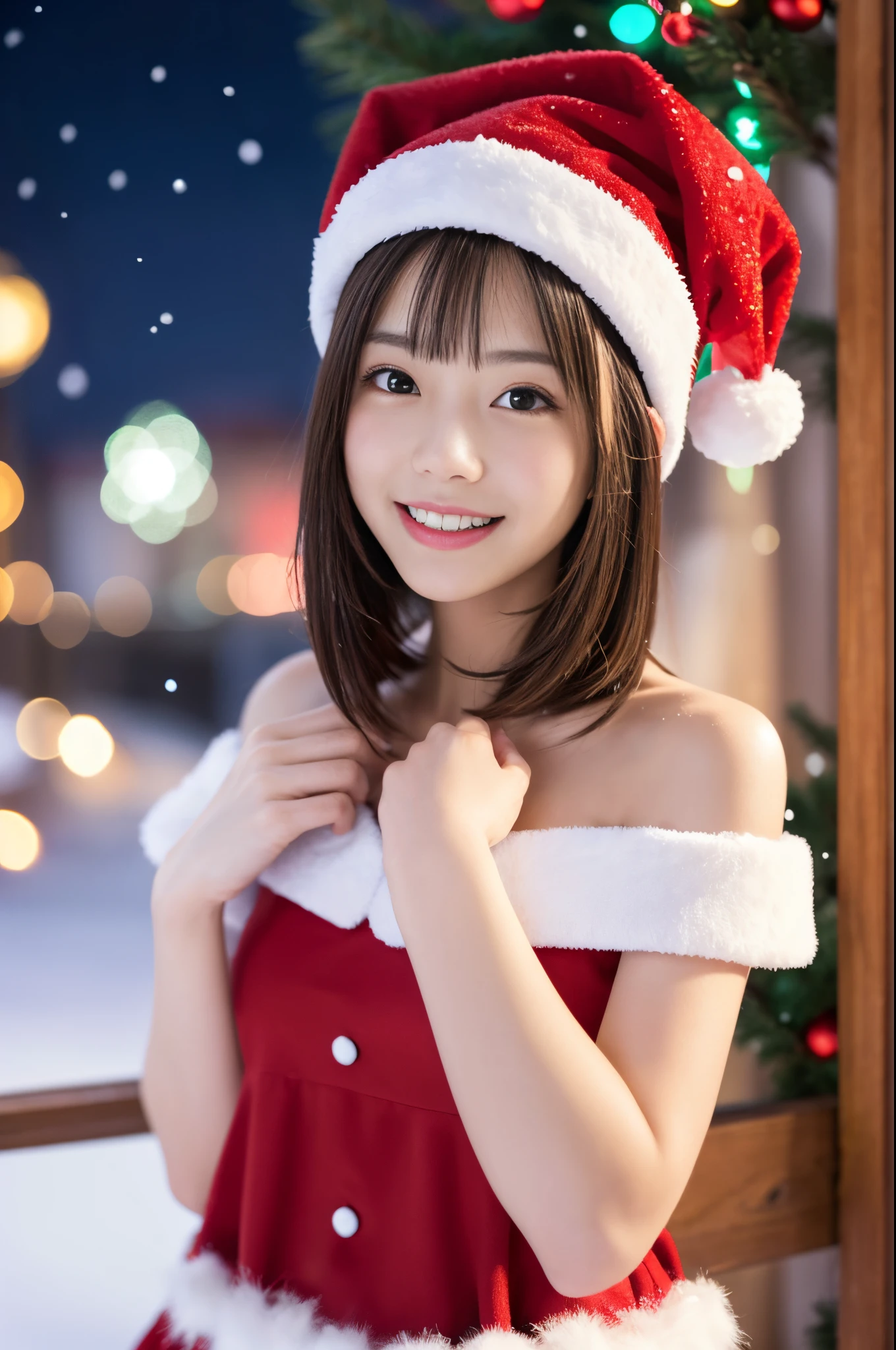 (Best Quality,4K,8K,hight resolution,masutepiece:1.2),Ultra-detailed,(Realistic,Photorealistic,Photorealsitic:1.37),young girl in santa claus costume,Short hair,Soft smile,Off-shoulder,Highest quality materials,Festive atmosphere,warm and cozy room,Twinkling Christmas Lights,Decorated Christmas Tree,Colorful presents,Sparkling snowflakes,Delicate ornaments,Joyful expression,Beautifully wrapped gifts,magical feeling vibes,snow-covered window,Red Santa Hat,Innocent and pure,playful and cheerful,Rooftop background,Excitement in the air,Holiday spirit,Festive decorations,Vibrant colors,peaceful and serene,anticipation,magic unicorn toy,Adorable and adorable,attractive and lively,Heartwarming scenes,unforgettable holiday memories、scapular、Looks Back
