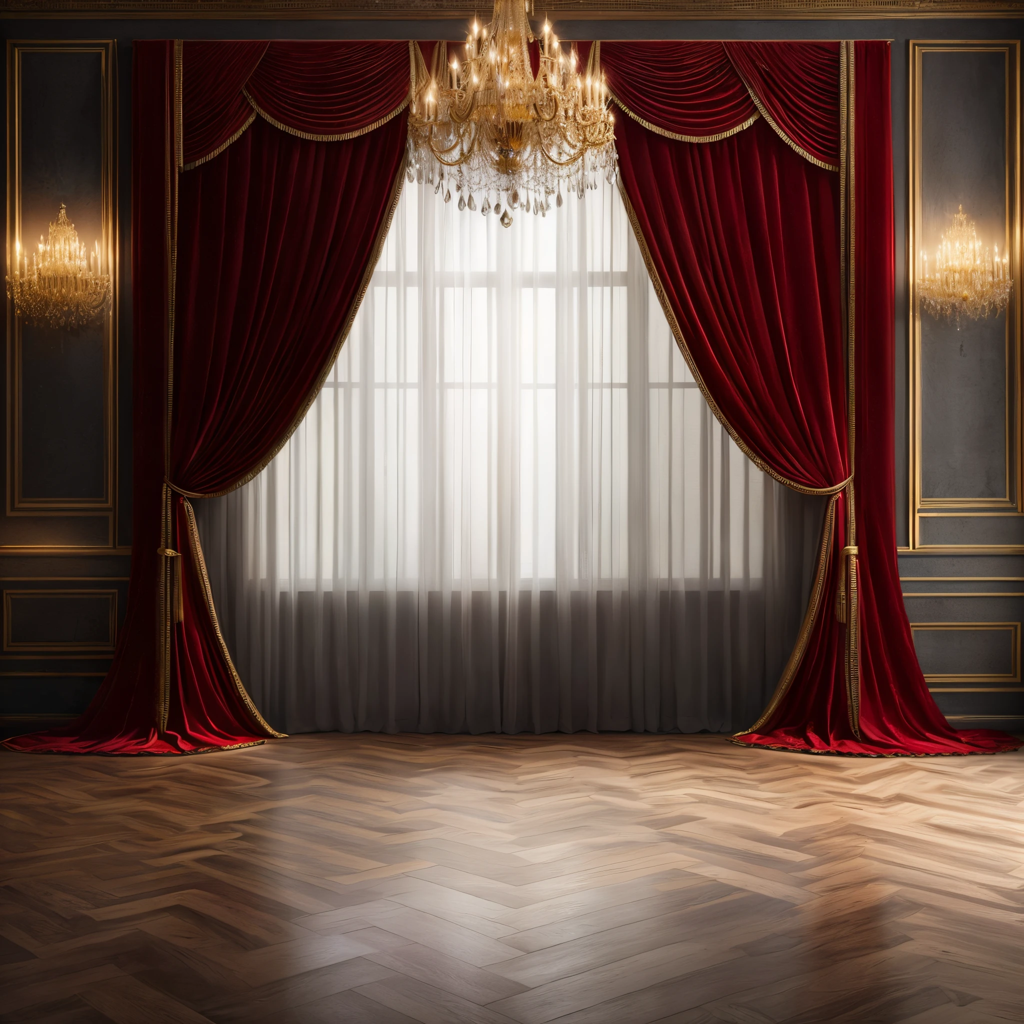 room with a chandelier and a red curtain, Fondo hecho de grandes cortinas, Cortinas rojas, hermosas cortinas, ballroom background, Las cortinas del teatro son rojas, Interior Real, cortina roja, ornate backdrop, cortinas drapeadas, elegante y ornamentado, cortinas, cortinas, ricas cortinas, ambiente de lujo, Classic lighting, Render elegante, Ornamentado y elegante