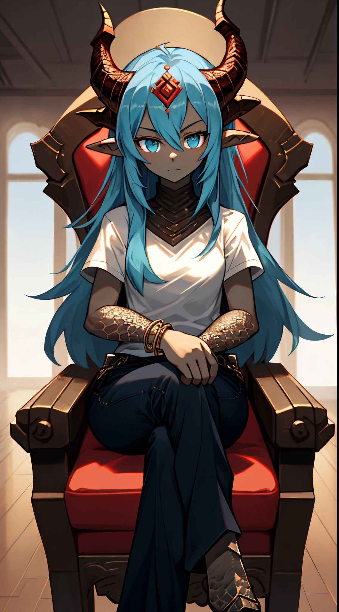 (dragan), woman, antrum, 1girl, alone, delicate body, slim body, far, small body, bracelets, multicolored hair, long hair, horns, dragon horns, anime style, high quality, best quality, flaking skin, sitting, sitting in a chair, in a room, crossed legs, realistic style, scales, dark scales, leg with scales on thigh, arms with scales, face with scales, dark skin,  Flaky skin, textured scale, closed clothes, closed pants, white t-shirt, long sleeve blouse, black blouse,