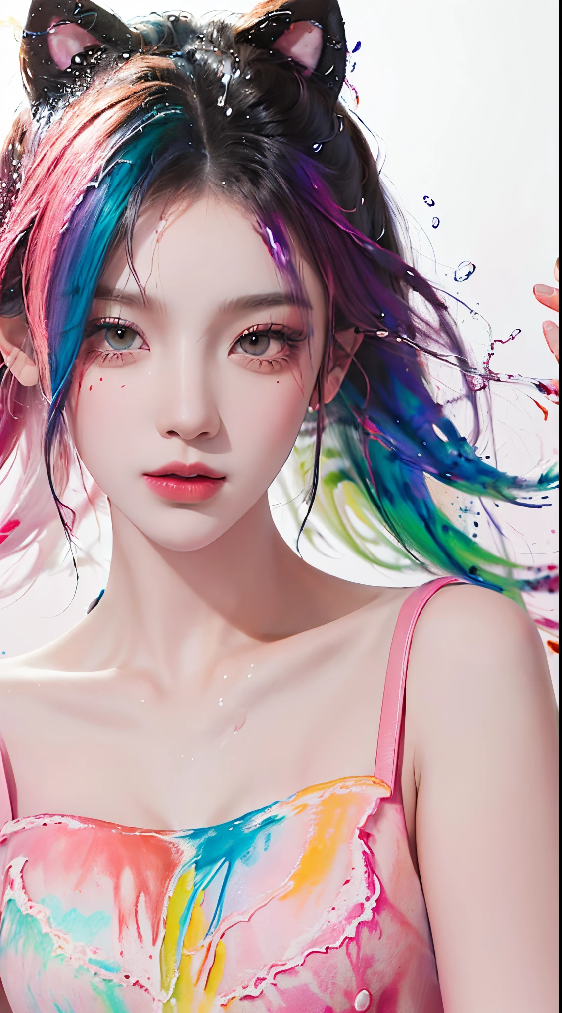 (Fullbody shot:1.4),(Masterpiece, Best Quality, High Resolution), White Background, ((Paint Splash, Color Splash, Splash of Ink, Color Splash)), Sweet Chinese Girl, Rainbow Hair, Pink Lips, Front, Upper Body, Look at viewer