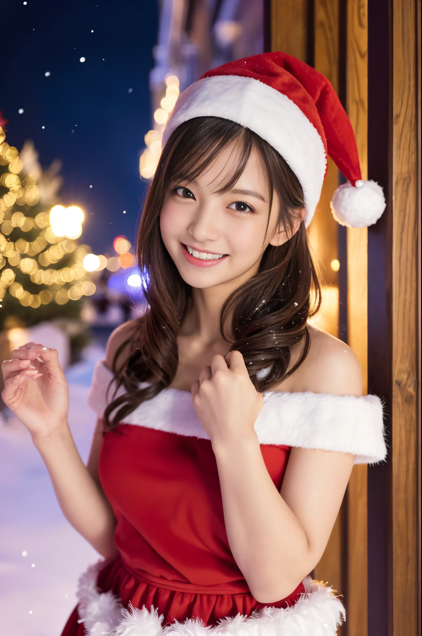 (Best Quality,4K,8K,hight resolution,masutepiece:1.2),Ultra-detailed,(Realistic,Photorealistic,Photorealsitic:1.37),young girl in santa claus costume,Short hair,Soft smile,Off-shoulder,Highest quality materials,Festive atmosphere,warm and cozy room,Twinkling Christmas Lights,Decorated Christmas Tree,Colorful presents,Sparkling snowflakes,Delicate ornaments,Joyful expression,Beautifully wrapped gifts,magical feeling vibes,snow-covered window,Red Santa Hat,Innocent and pure,playful and cheerful,Rooftop background,Excitement in the air,Holiday spirit,Festive decorations,Vibrant colors,peaceful and serene,anticipation,magic unicorn toy,Adorable and adorable,attractive and lively,Heartwarming scenes,unforgettable holiday memories、scapular、Looks Back