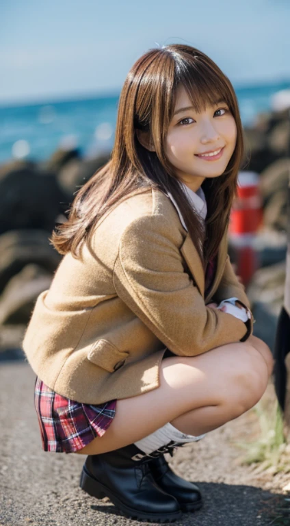 (Photorealistic), (ultra high realistic), (Ultra high definition), (ultra high detailed), (Increase contrast), (Increase saturation), (15yo girl), A pretty woman with perfect figure, Cute face, Beautiful expression, (Lifelike face), Beautiful hairstyle, Realistic eyes, beautiful detail, (real looking skin、de pele branca), Beautiful skins, enticing, The ultra -The high-definition, A hyper-realistic, Realistic, Very detailed, Japanese, semi long hair, bangss), (Light brown short wool coat and knee-high boots、japanese cute idol, Tartan check)((Extra short miniskirt、Tartan check)) Gentle smile, Brown hair, 、The cleavage looks bold、beutiful breast、thin-waist、beach((squatting))、Looking back、Angle from behind、medium-long shot