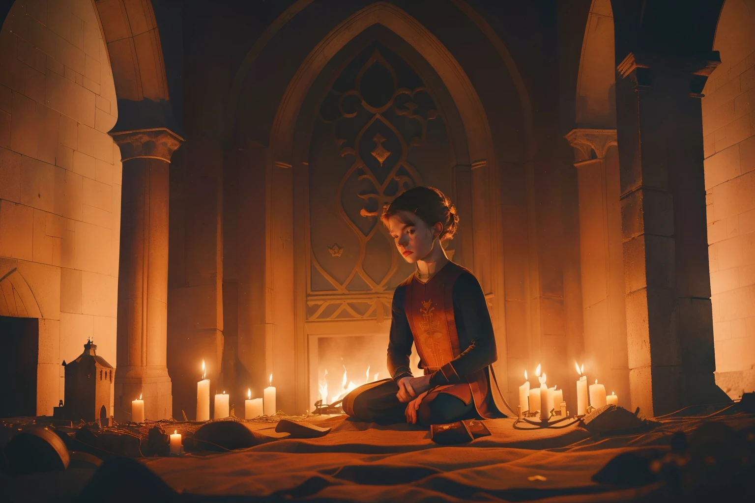 1136, Kingsbridge, England. otherworldly scene in a medieval monastery, ((((-yeld)) eron Monaghan)), trapped in a tower, inmense fire, flames, smoke, nighttime, ((((poor plain tunic from the 12th century)))), ((Hairstyle of the 12th century)), ((Wes Anderson cinematic style)), colorful