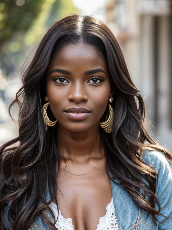 une femme noire et brune de 20 ans, Here&#39;s a three-nature visa, Fine lips, Yeux fins, sourcils fins, nez mince, earrings, Cils longs., Met en valeur son sens unique de la mode dans un cadre branché. Elle porte un ensemble chic, combining modern pieces with cultural influences. L&#39;Image haute résolution capture un réalisme ultra détaillé, soulignant la pose confiante de Nyla, Des yeux captivants, et un teint impeccable. La toile de fond dynamique du paysage urbain ajoute une touche, create a representative visual representation of the style and the&#39;expression individuelle de Nyla.