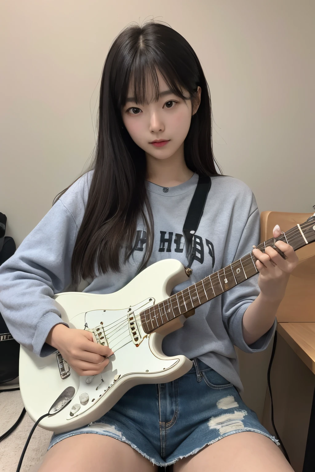 ((best quality)), ((masterpiece)), (detailed), perfect face, playing guitar, south korean girl, age 19, stratocaster