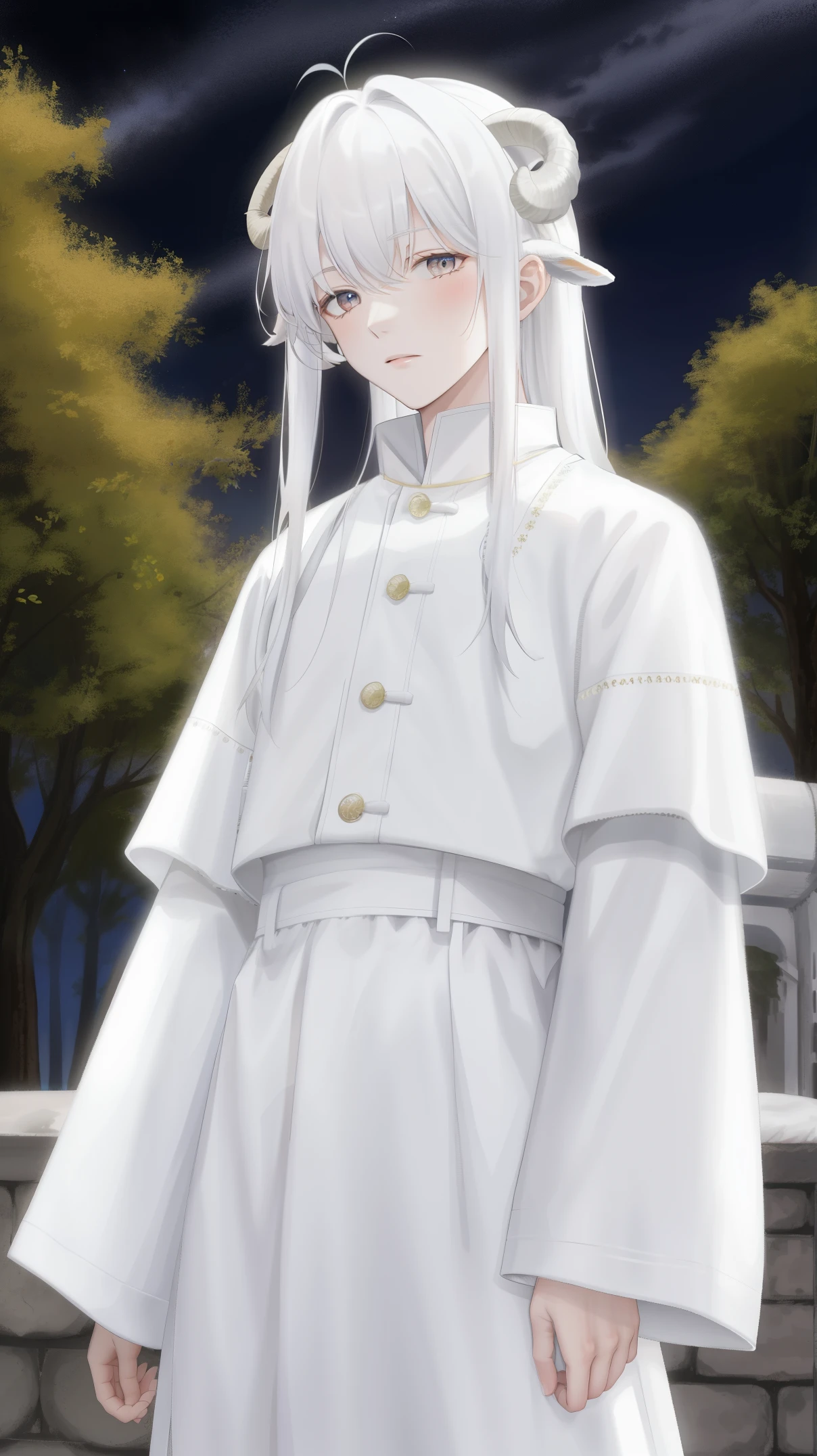 albino, 18 year old young man, with small numbers, rolled compressed hair, A white, sheep ears replace human ones on the sides of the head, Night Vendor Clothes