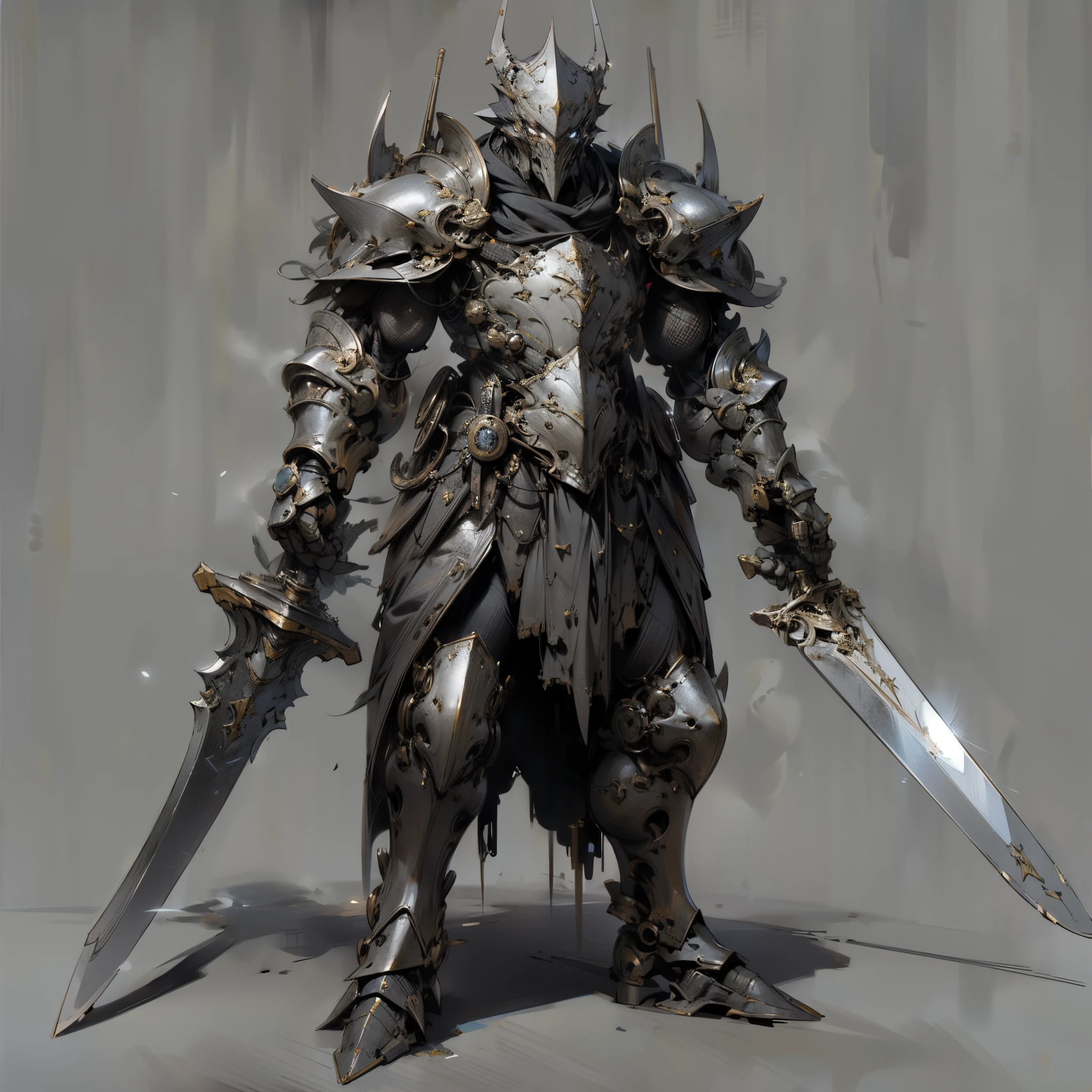 Western fantasy,Huge slim-fitting armor,towering helmet,White breath coming out of mouth,high qulity, Complicated details,A high resolution,structurally correct,Tattered black cloak,Hold a giant sword in both handidynight,lightand shade contrast,full-body photo on the front,Dark fantasy style,Complicated detailantasyart,concept-art,character design,unreal-engine,Perfectcomposition,Reasonable limbs,Steampunk scene,depth of fields,style of anime,In a Japanese anime style
