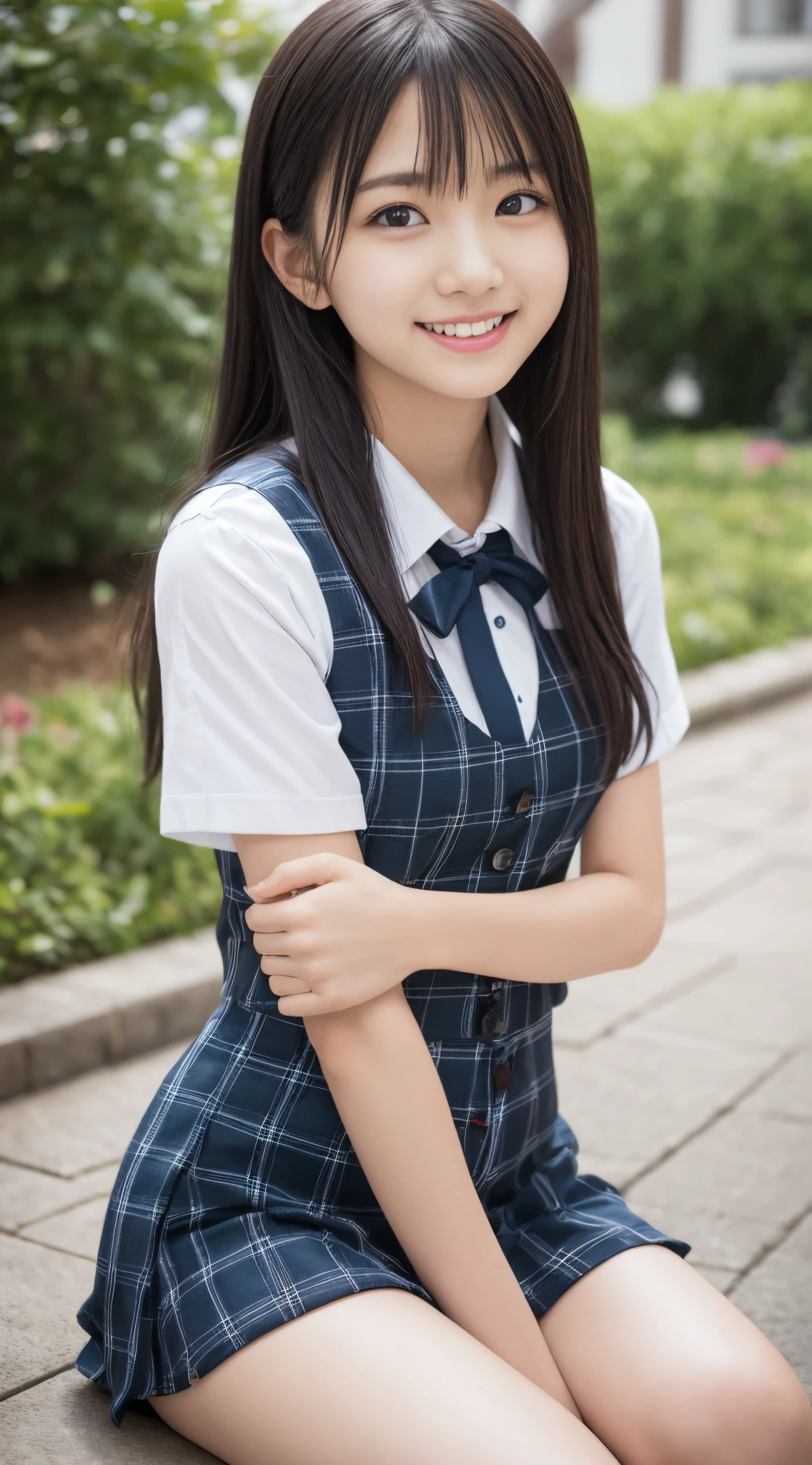 masutepiece, Highest Quality, 8K, 15 years old, japanaese girl, Raw photo, absurdity, award winning portrait, Smile, Smile, Solo, School uniform, Summer clothes, Idol face, violate, gardenia, Delicate girl, Long Black Hair, Dark eyes, Upper body, Digital SLR, Looking at Viewer, Candid, Sophisticated, zora々Right, Thin arms, Professional Lighting, Film grain, chromatic abberation, (Details of eyes and face: 1.0), (Bokeh button:1.1)