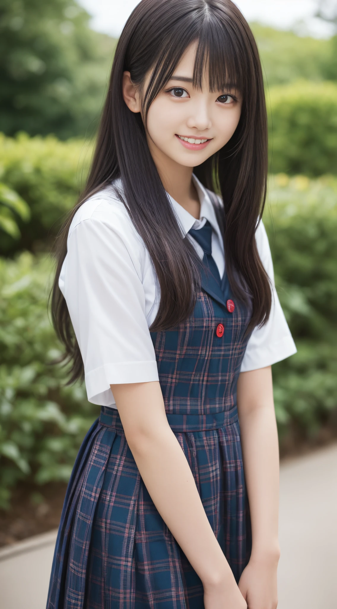 masutepiece, Highest Quality, 8K, 18 years old, japanaese girl, Raw photo, absurdity, award winning portrait, Smile, Smile, Solo, School uniform, Summer clothes, Idol face, gardenia, Delicate girl, Long Black Hair, Dark eyes, Upper body, Digital SLR, Looking at Viewer, Candid, Sophisticated, zora々Right, Thin arms, Professional Lighting, Film grain, chromatic abberation, (Details of eyes and face: 1.0), (Bokeh button:1.1)