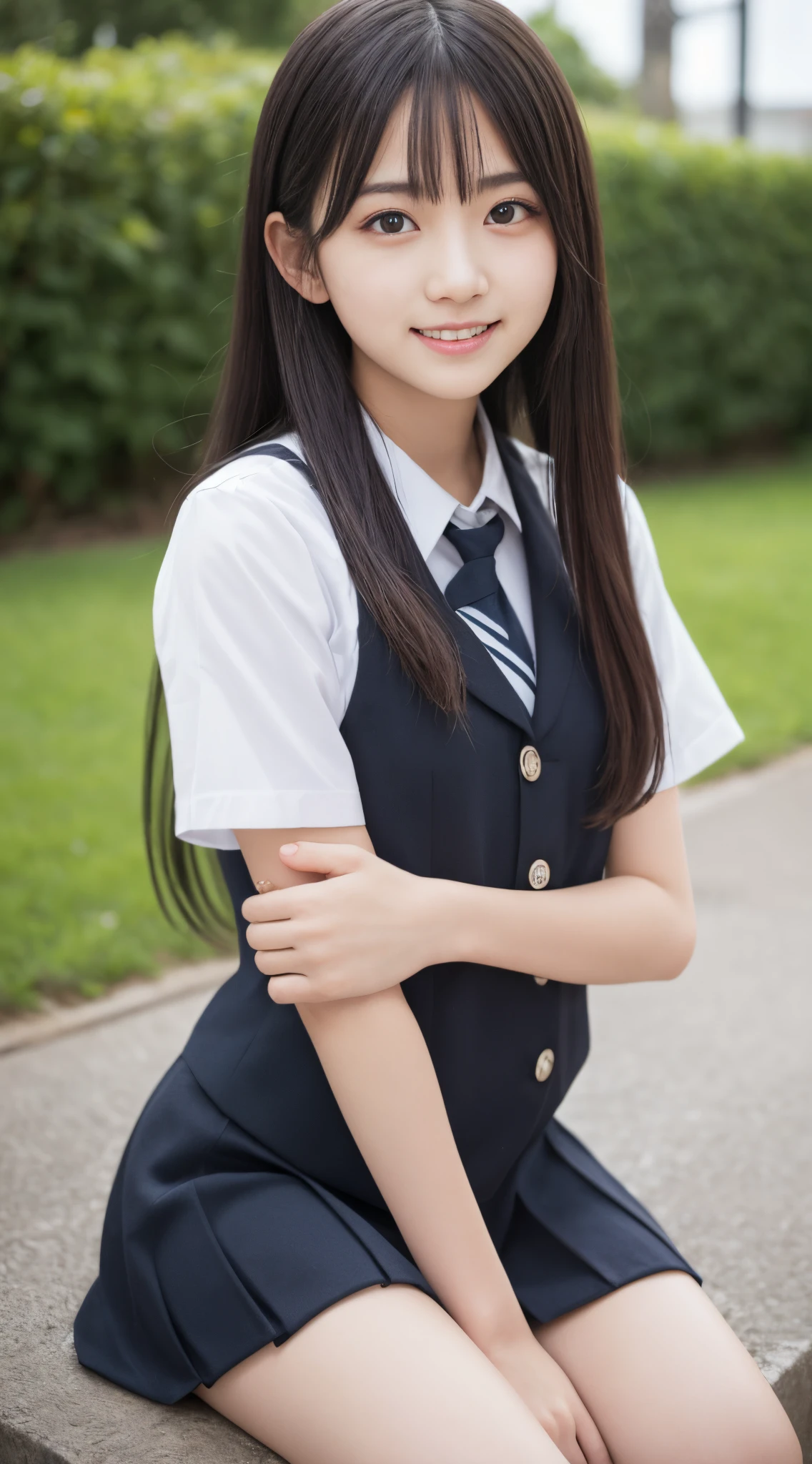 masutepiece, Highest Quality, 8K, 18 years old, japanaese girl, Raw photo, absurdity, award winning portrait, Smile, Smile, Solo, School uniform, Summer clothes, Idol face,  gardenia, Delicate girl, Long Black Hair, Dark eyes, Upper body, Digital SLR, Looking at Viewer, Candid, Sophisticated, zora々Right, Thin arms, Professional Lighting, Film grain, chromatic abberation, (Details of eyes and face: 1.0), (Bokeh button:1.1)