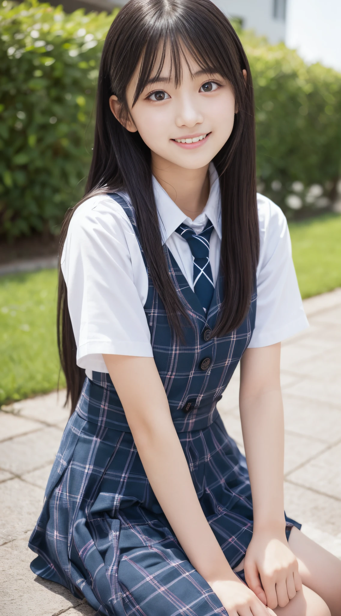 masutepiece, Highest Quality, 8K, 18 years old, japanaese girl, Raw photo, absurdity, award winning portrait, Smile, Smile, Solo, School uniform, Summer clothes, Idol face,  gardenia, Delicate girl, Long Black Hair, Dark eyes, Upper body, Digital SLR, Looking at Viewer, Candid, Sophisticated, zora々Right, Thin arms, Professional Lighting, Film grain, chromatic abberation, (Details of eyes and face: 1.0), (Bokeh button:1.1)