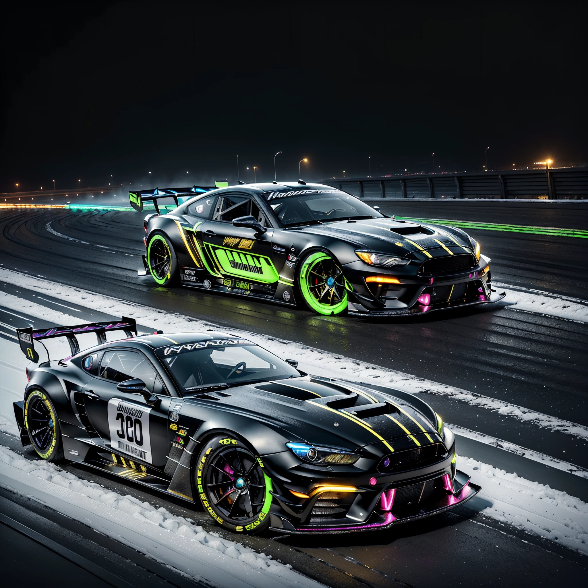 (hyper-detailed masterpiece:1.5), (beautifully intricate:1.5), (best quality:1.5), (aesthetic + beautiful + harmonic:1.5), hyper-detailed body, an( hyper-detailed scenery:1.5), (sharpen details:1.2)(masterpiece), (((An boatmobile inspired ultra-realistic angelic neon metallic black silver and gold race car designed on a icy surface road with snow falling and deep snow covers the ground and everything all around ))), best quality, ultra-detailed, 8K), race car, street racing-inspired, Drifting, LED, ((Twin headlights)), (((Bright neon color racing stripes))), (Black racing wheels), Wheel spin showing motion, Show car in motion, Burnout, wide body kit, modified car, racing livery